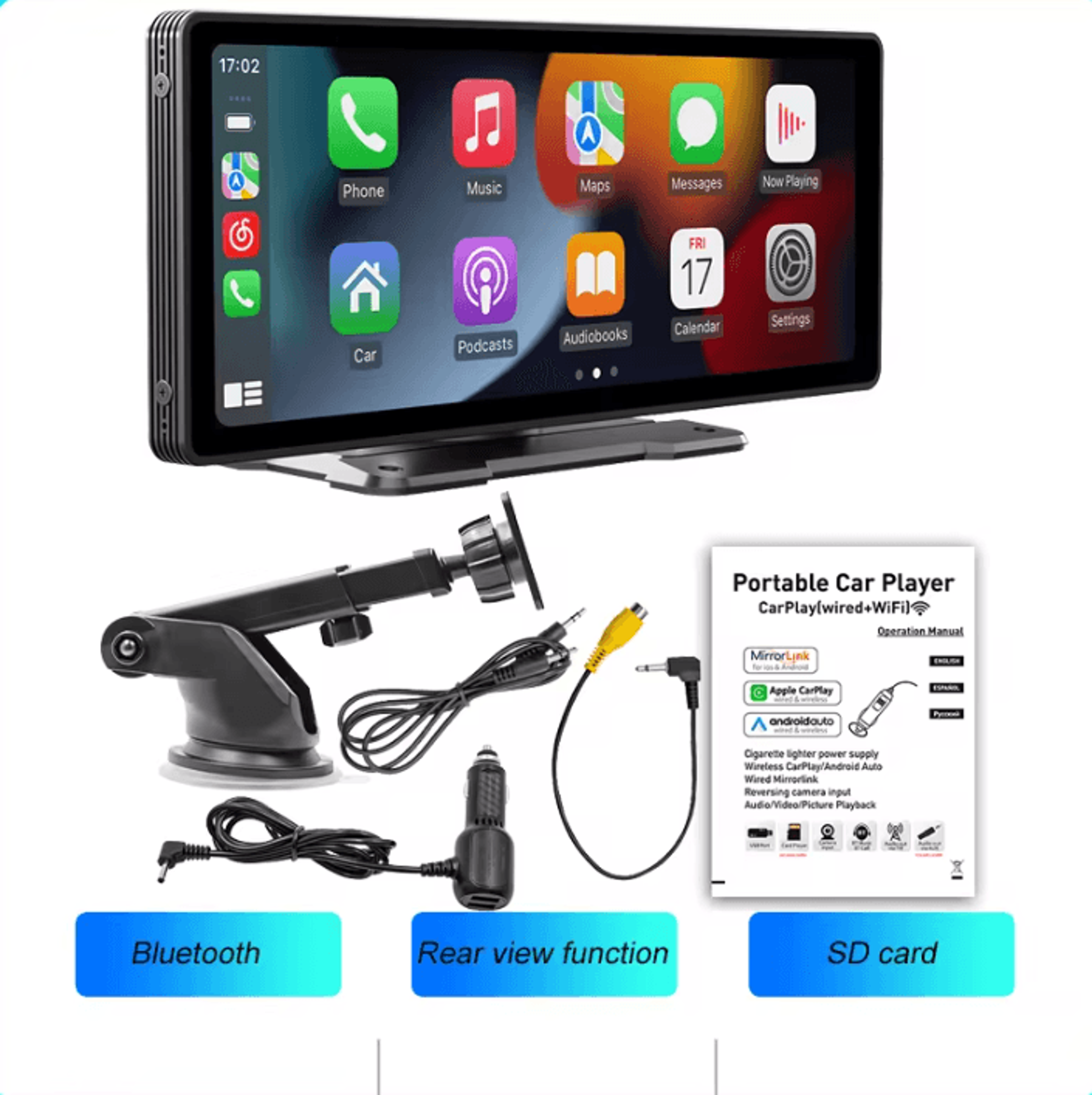 BQCC 10 Inch Portable Wireless CarPlay Screen With Rear Camera Android Auto And HD Car Multimedia D 4