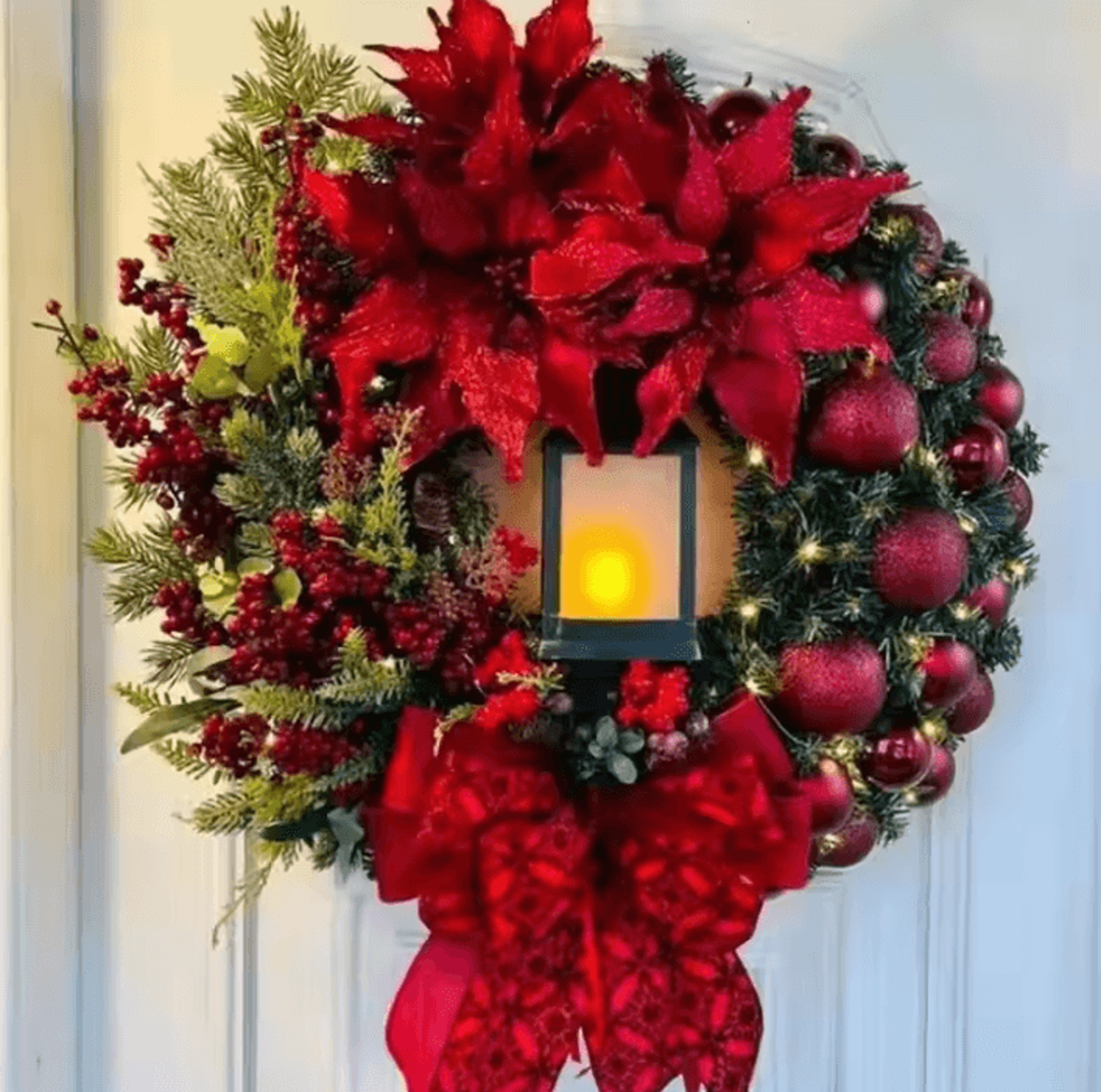 40cm Christmas Door Wreath With Decorative Lantern And Large Bow Festive Holiday Garland For Front  3