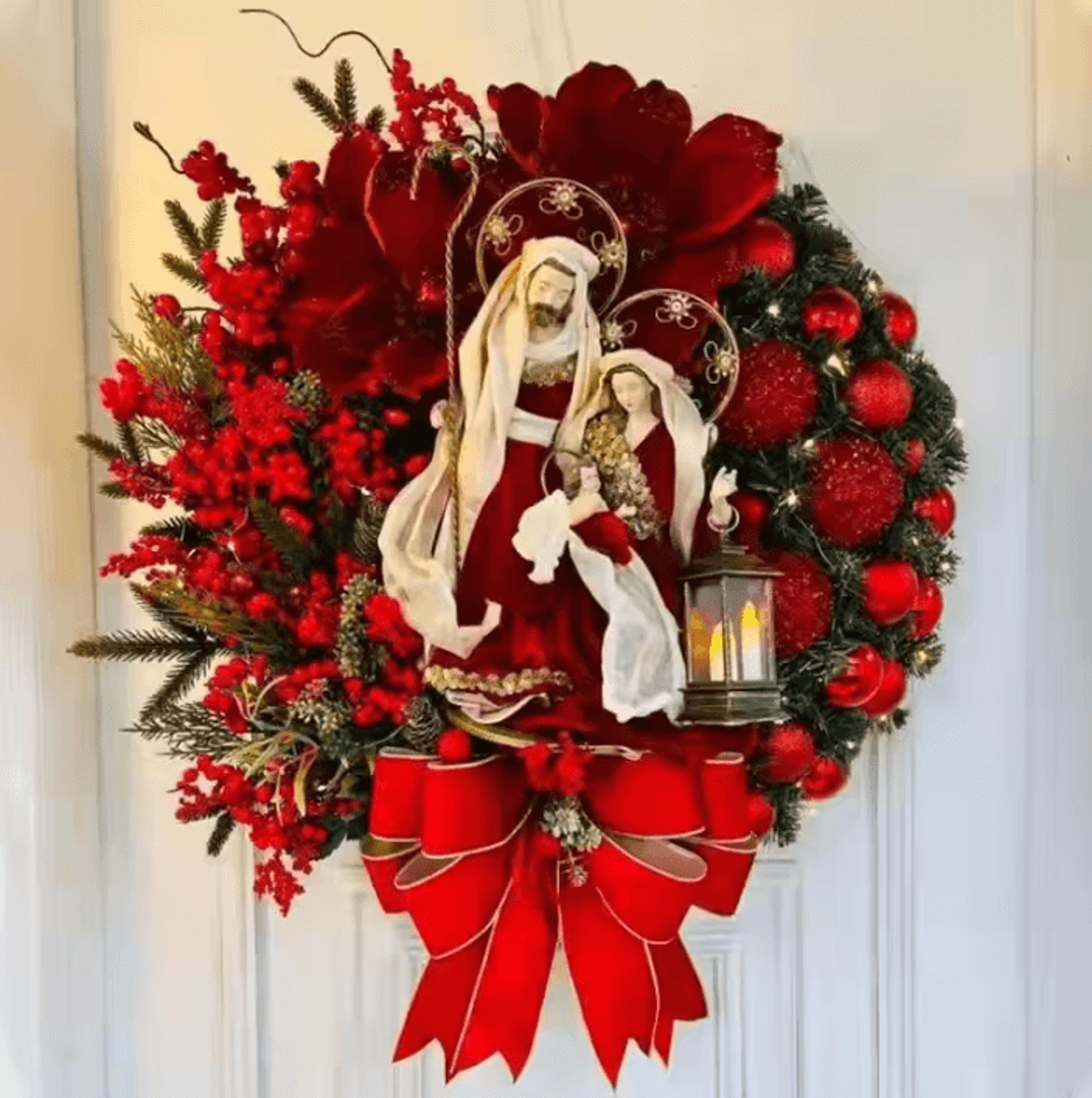 40cm Christmas Door Wreath With Decorative Lantern And Large Bow Festive Holiday Garland For Front  0