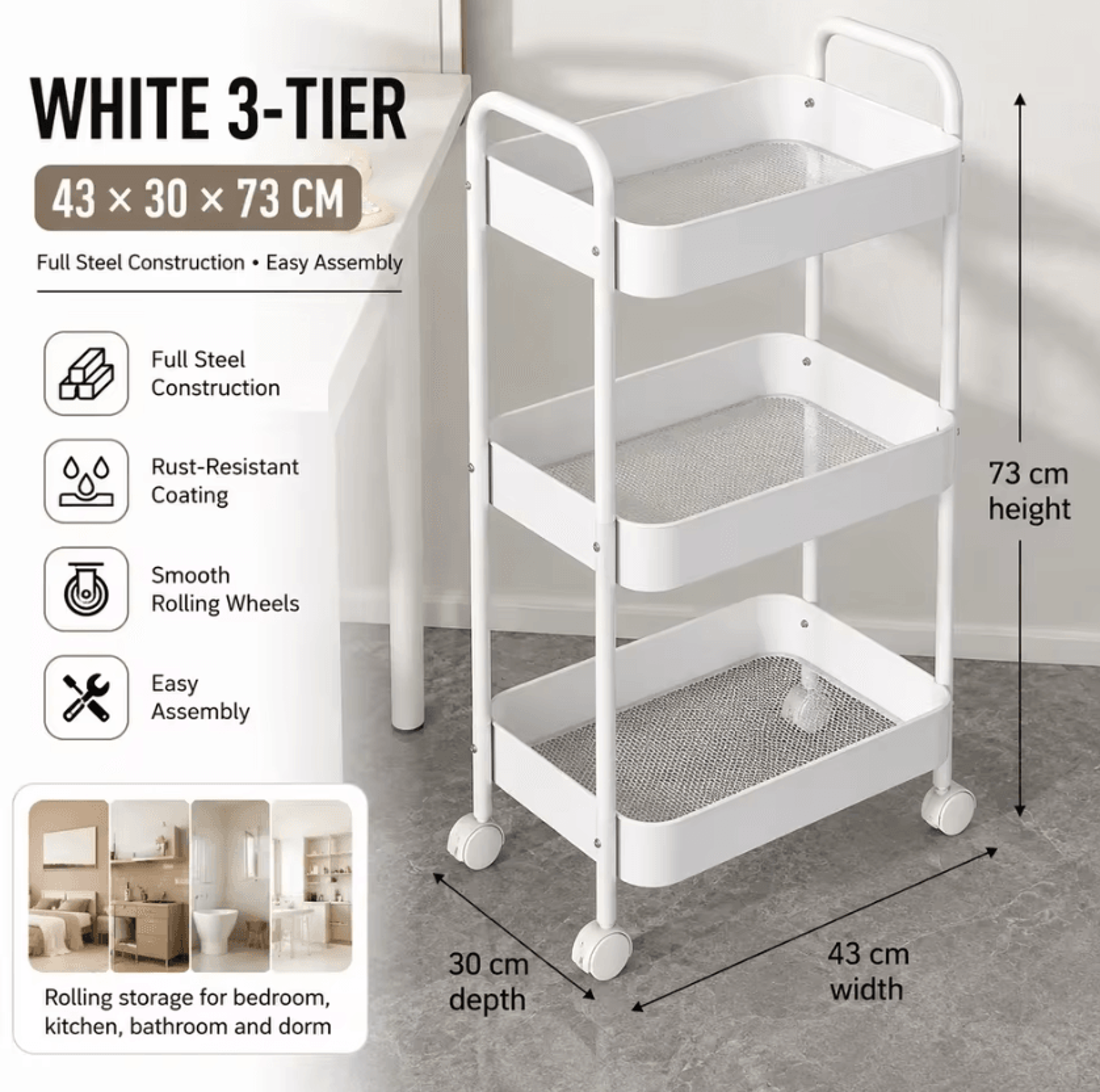 Multi Tier Carbon Steel Rolling Storage Cart With Wheels For Home Organization 0