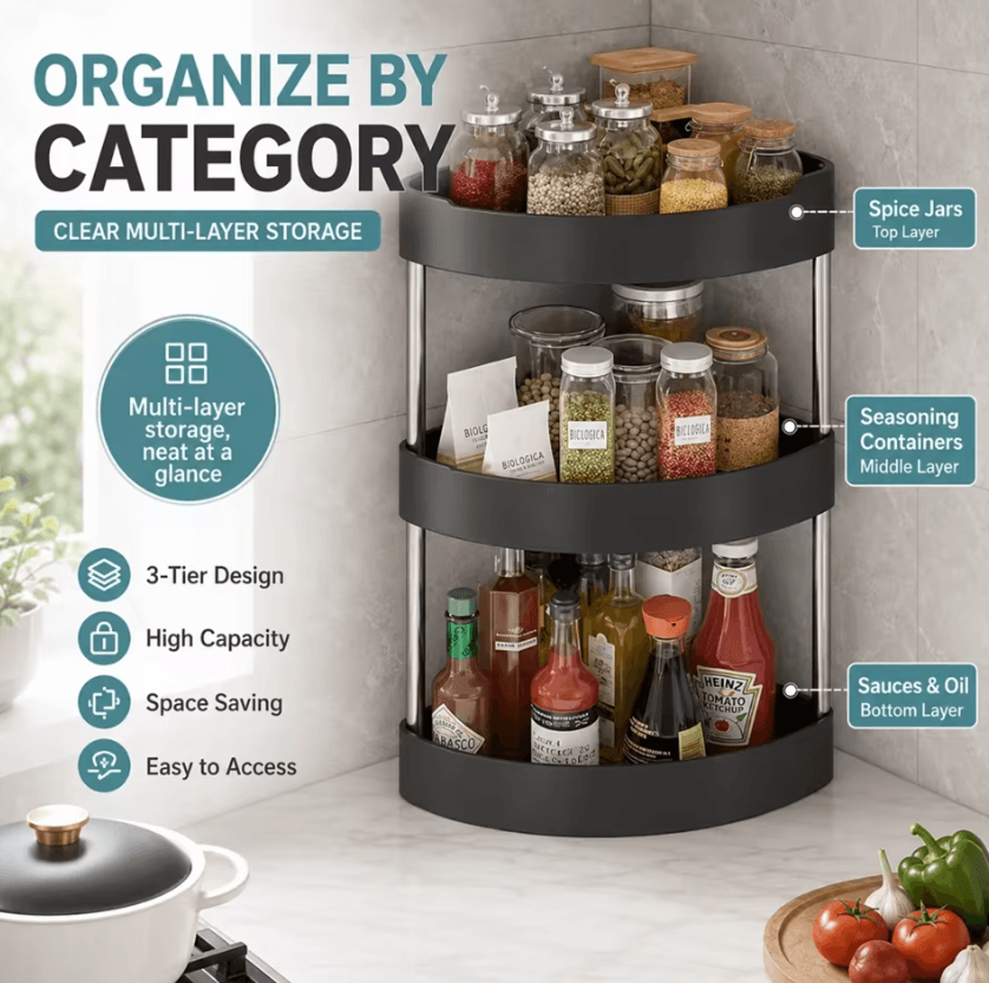Space Saving Triangle Corner Spice Rack With 2 Or 3 Tier Storage Shelves 4