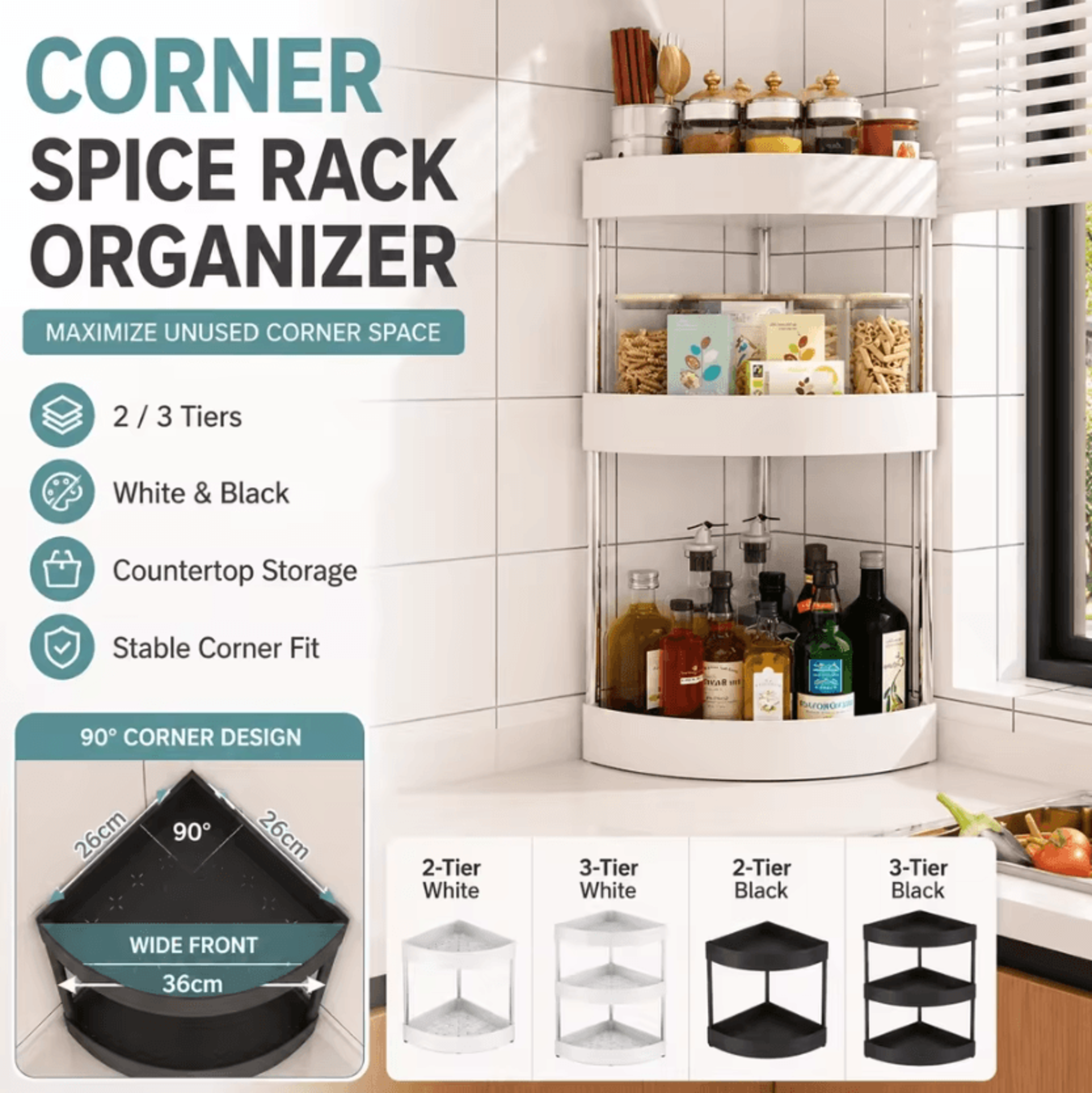 Space Saving Triangle Corner Spice Rack With 2 Or 3 Tier Storage Shelves 0