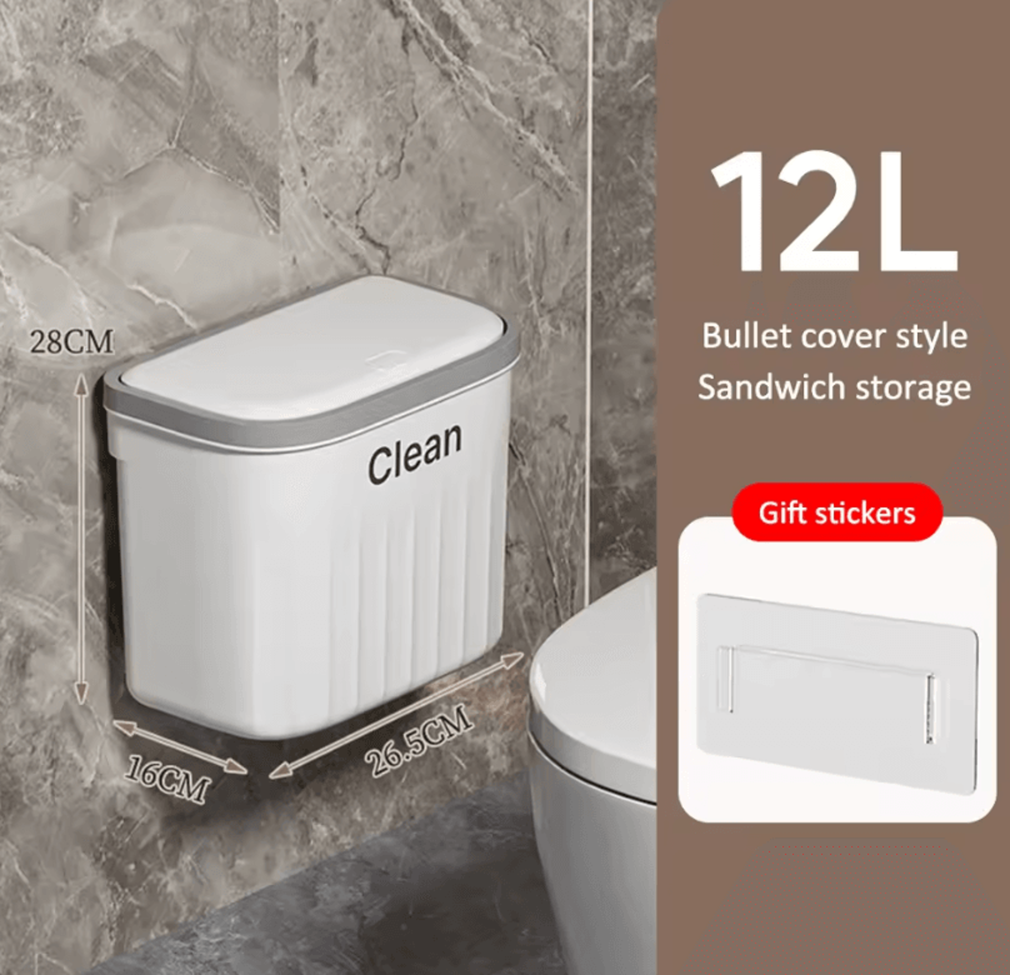 1216L Wall Mounted Press Type Trash Can  Bathroom  Kitchen Garbage Bin With Lid 6
