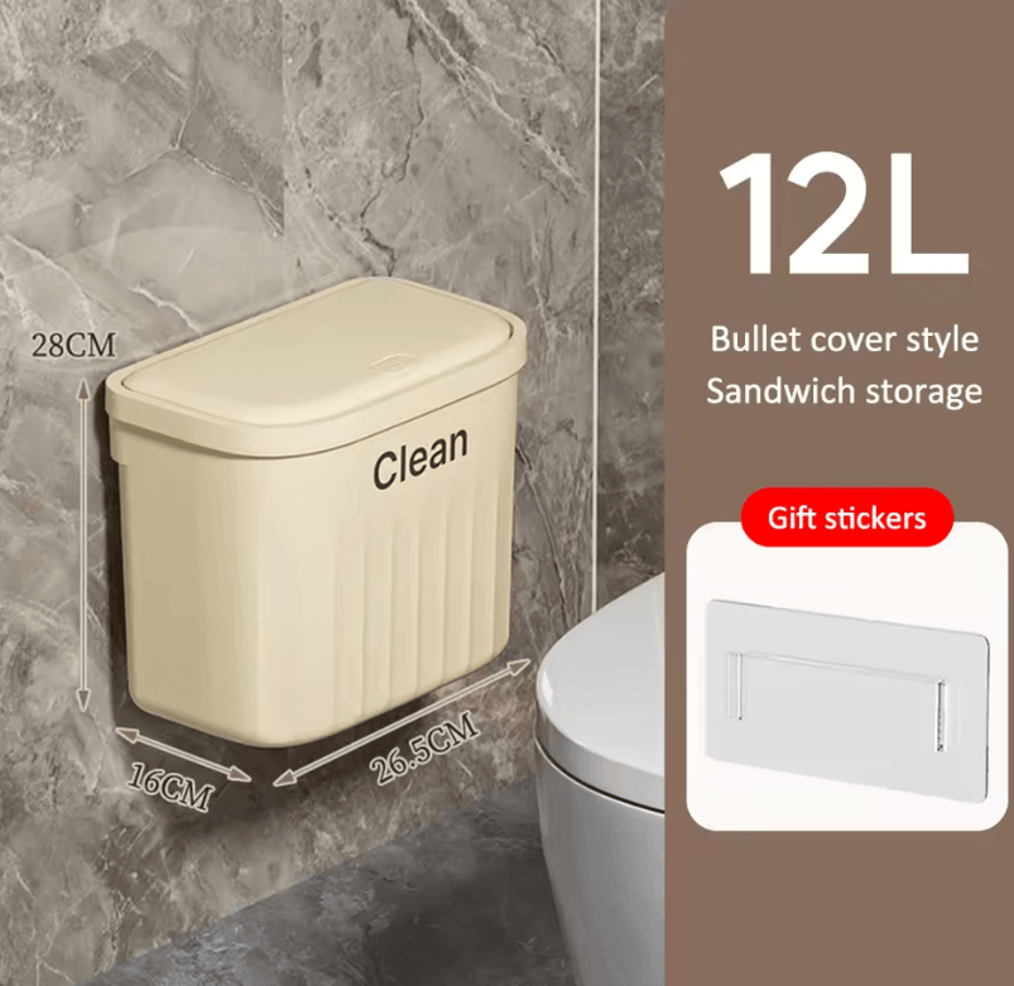 1216L Wall Mounted Press Type Trash Can  Bathroom  Kitchen Garbage Bin With Lid 7