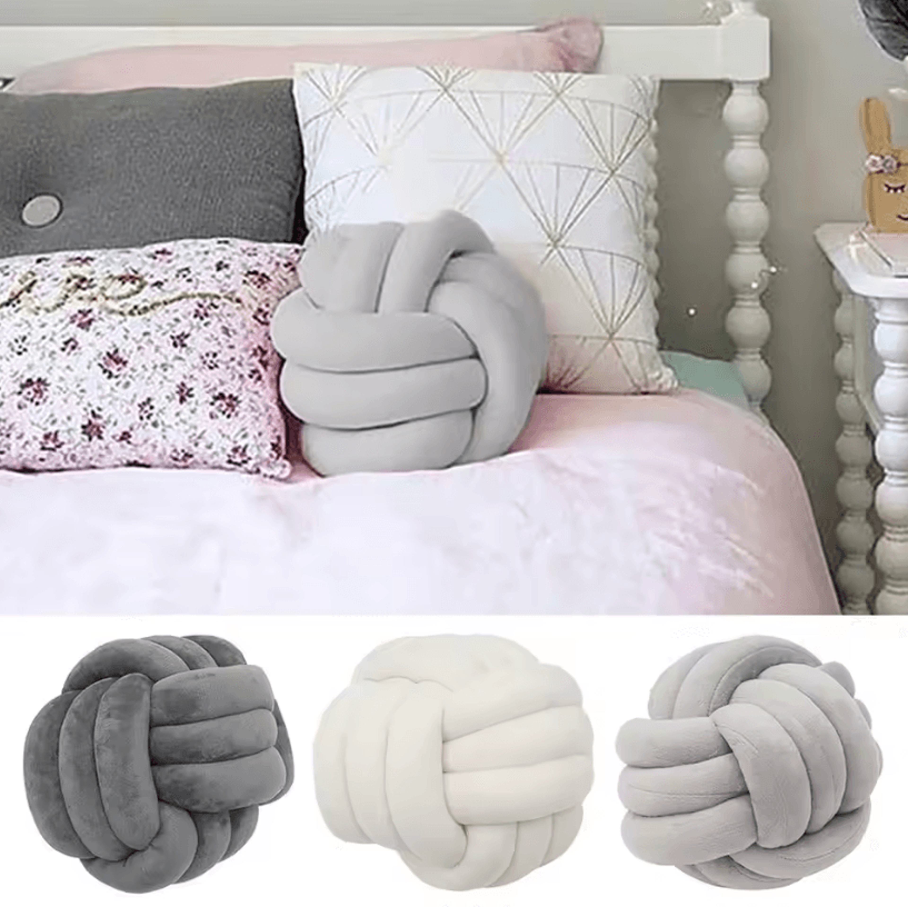 KnotCuddle 8x8Inch Knotted Ball Throw Pillow  UltraSoft HandWoven Plush Cushion For Sofa  Bedroom 1