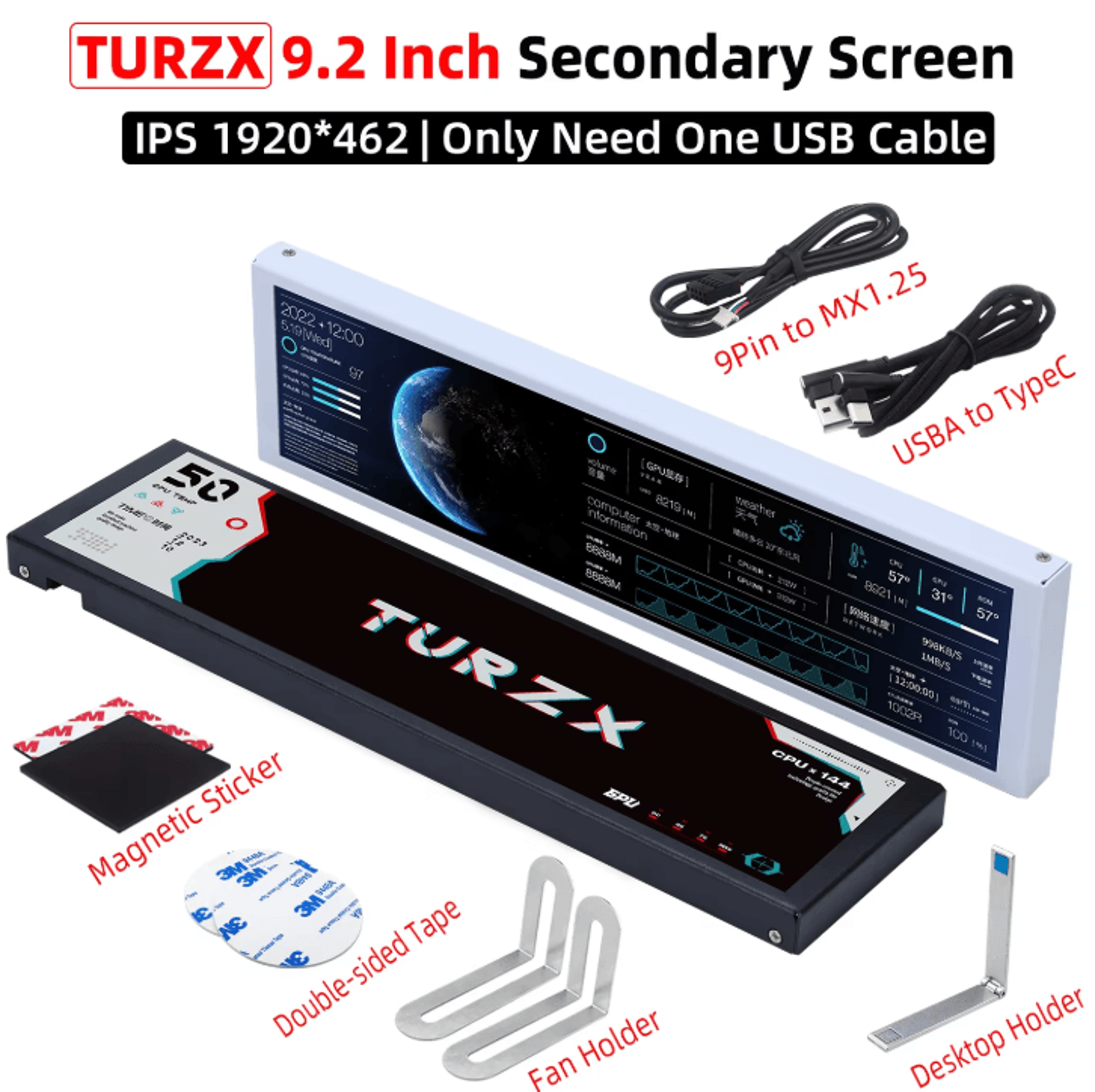 TURZX 92 Inches USBC Secondary Monitor  IPS LCD Sub Screen With HighResolution Display 0