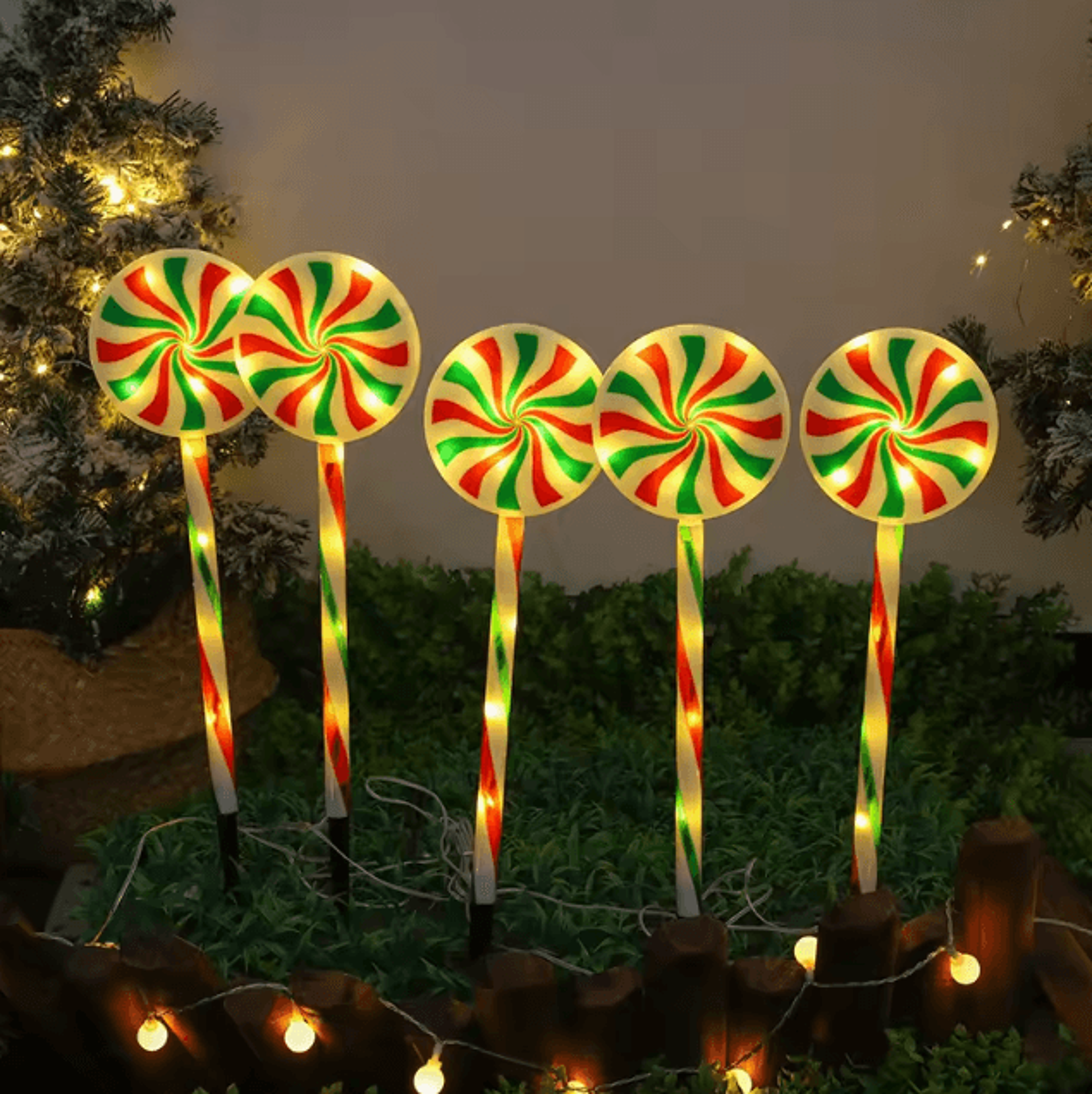 Solar 5Pack Candy Cane Christmas Pathway Lights  Waterproof Outdoor Holiday Stakes 1