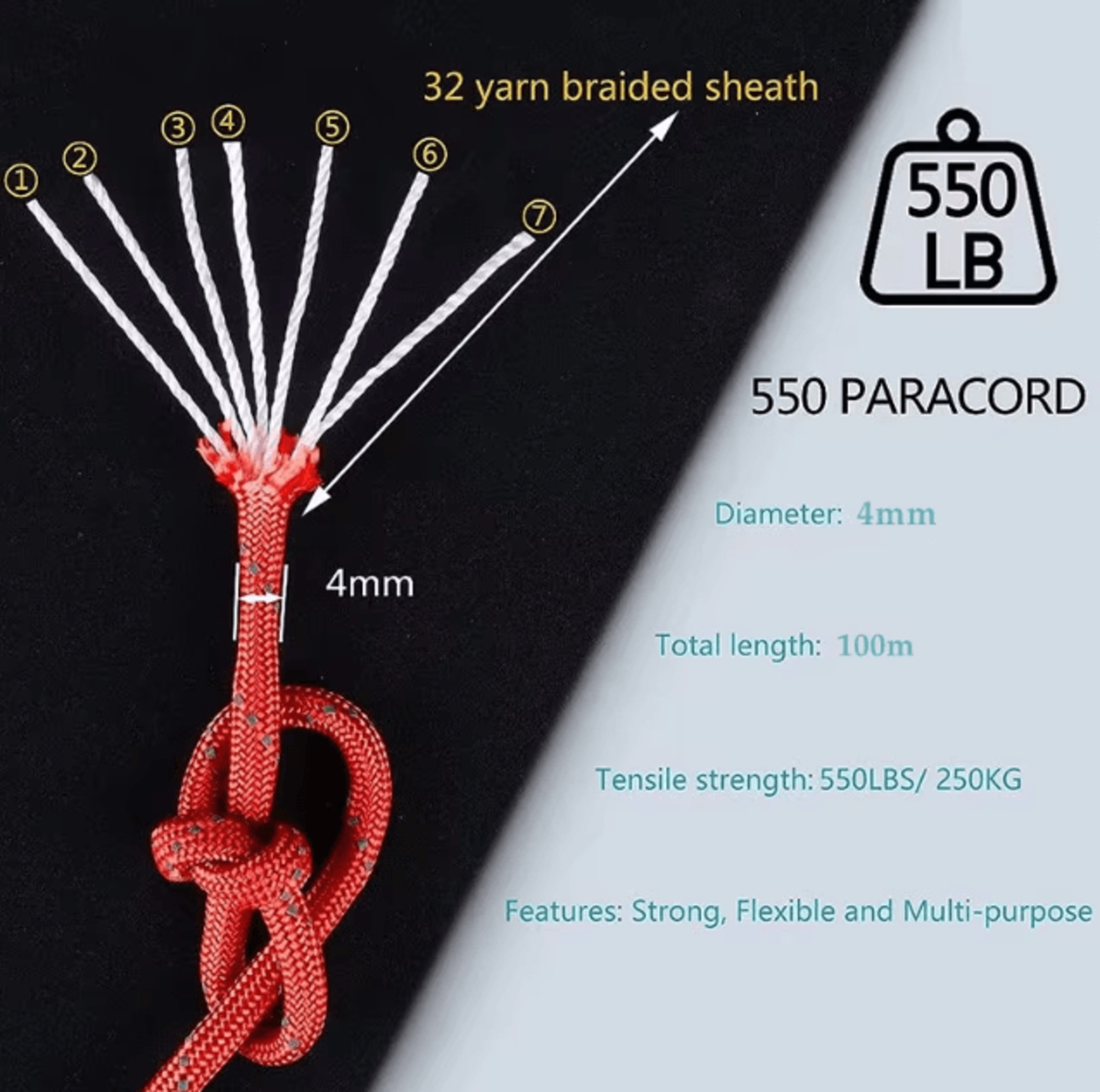 Reflective 550 Paracord Rope 7 Strand 4 Mm Tactical Camping And DIY Rope 1