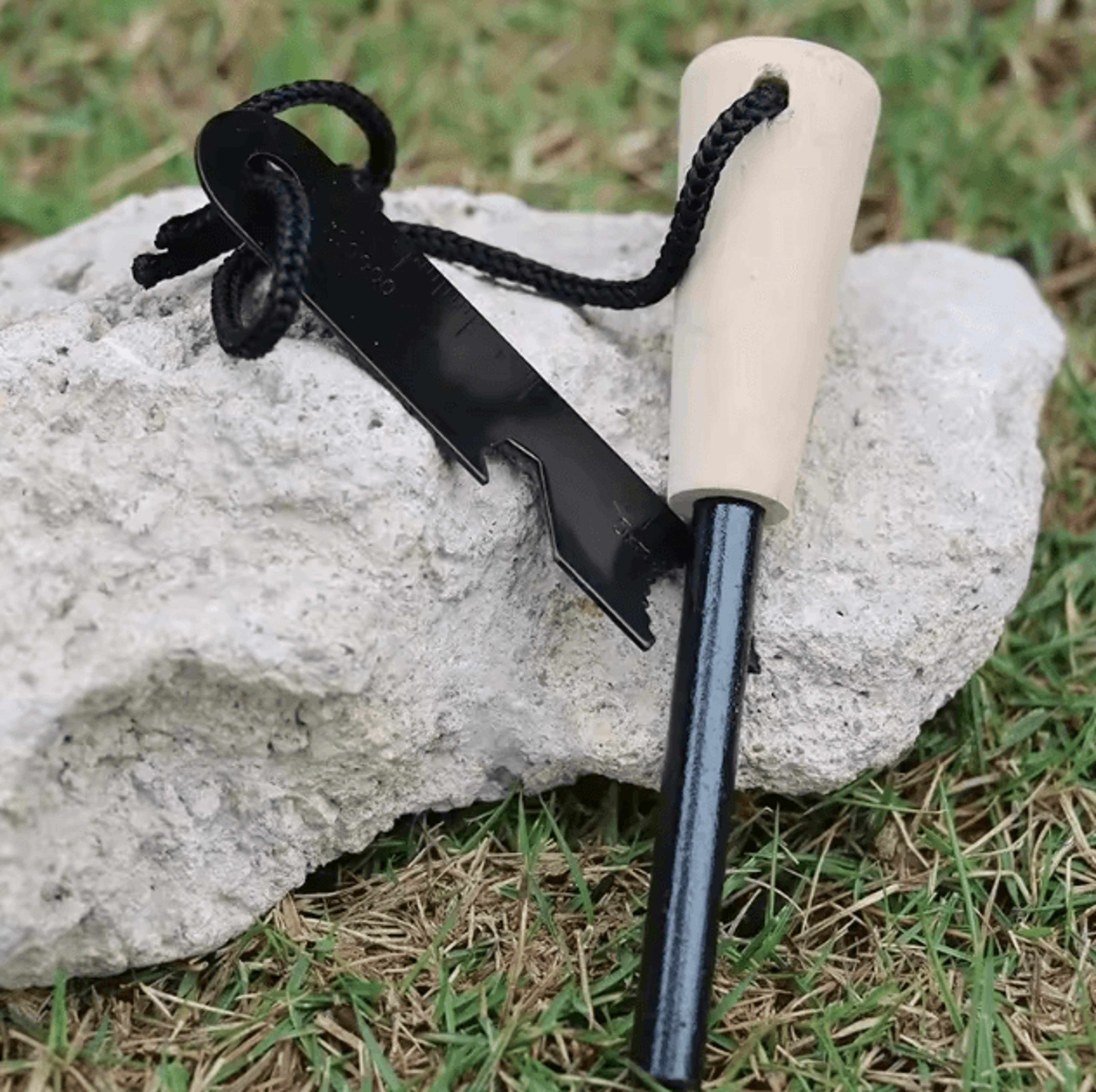 Wilderness Survival Flint Fire Starter  Portable Magnesium Fire Kit With Wooden Handle For Camping  1