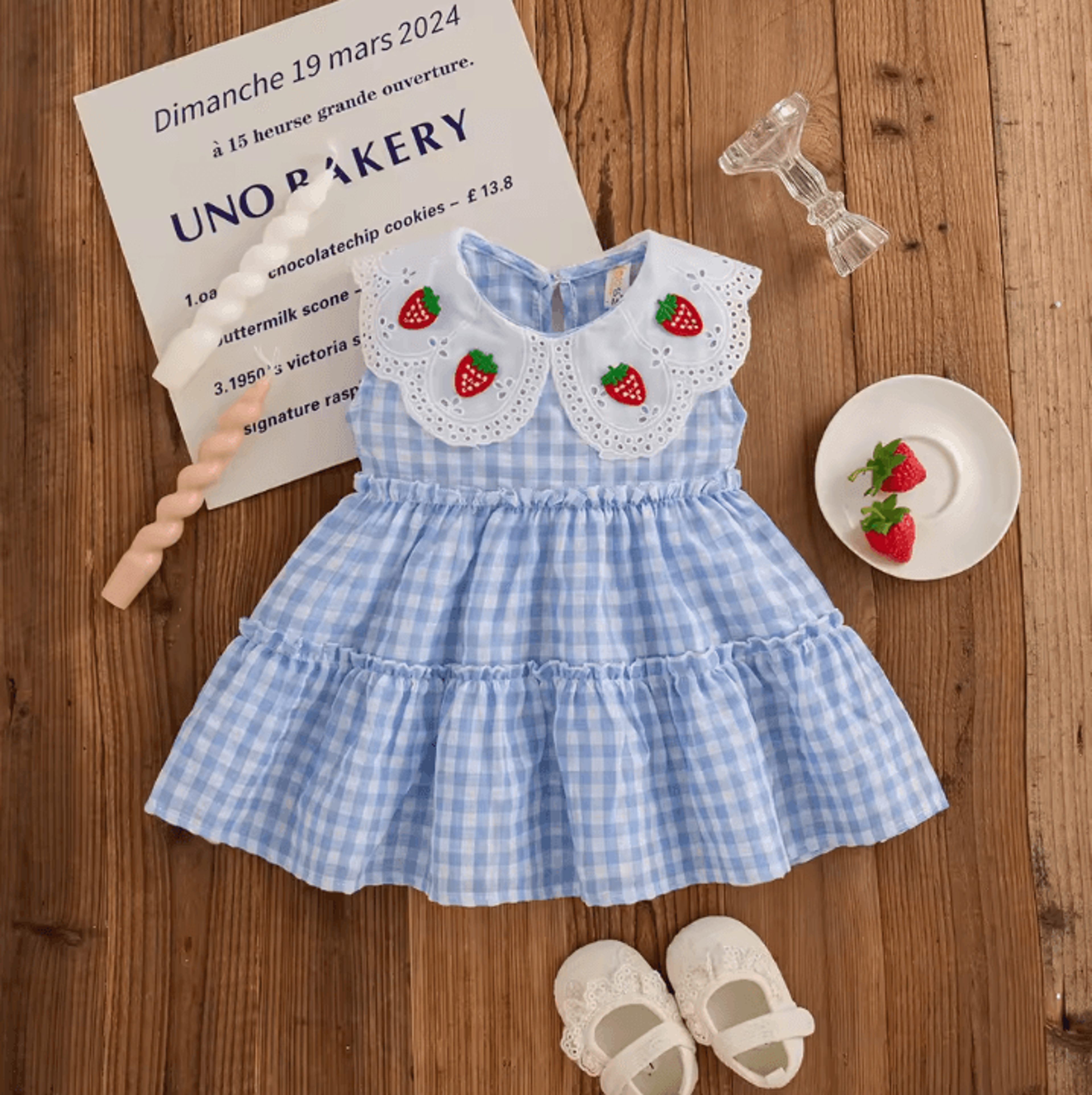 Korean Style Strawberry Embroidered Toddler Dress  Red Check Sleeveless Baby Girl Dress For Cute Su 8