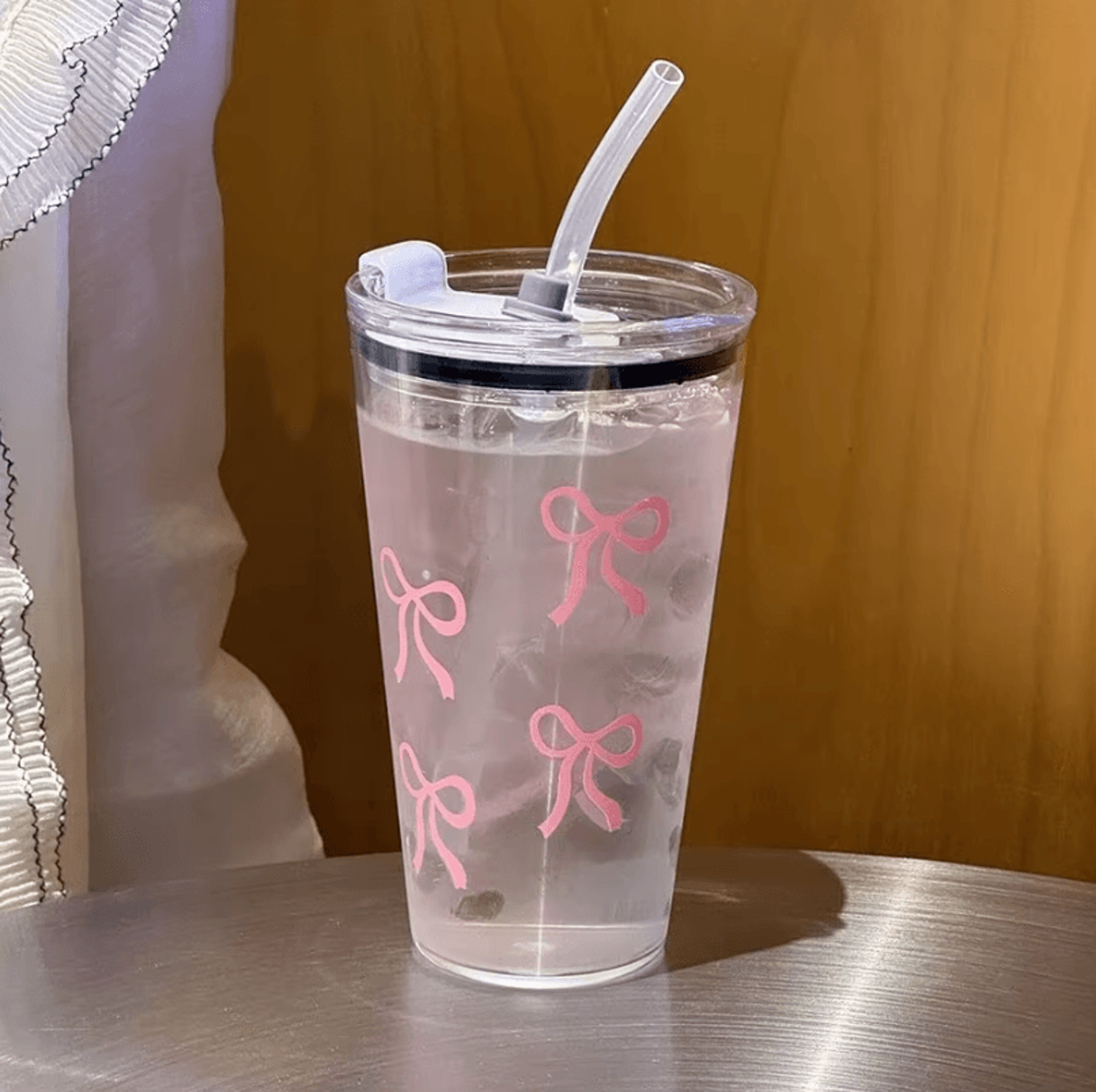 Cute Pink Bow Straw Cup  500ml Leakproof Transparent Travel Tumbler For Coffee  Water 2