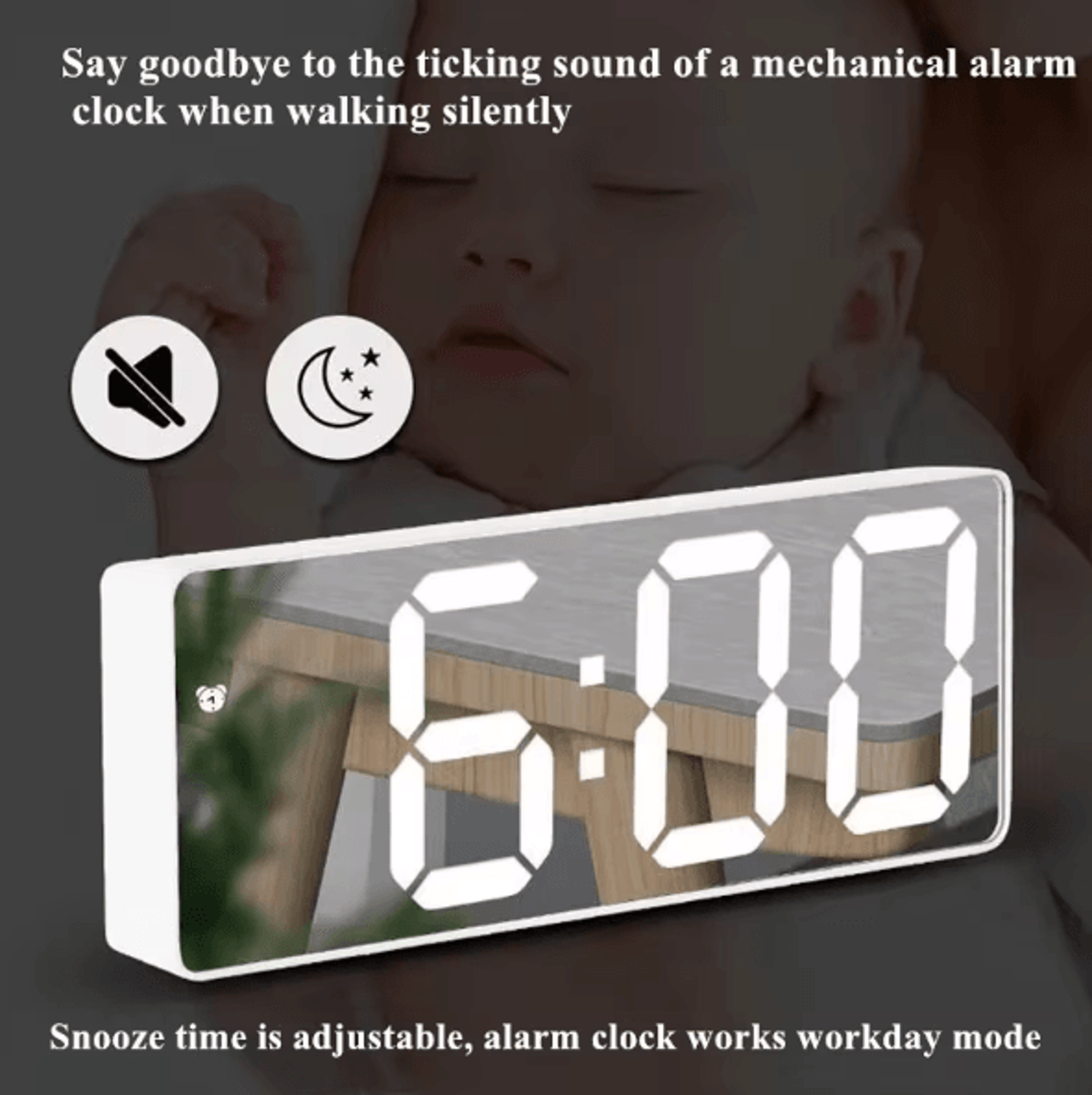 Voice Control LED Mirror Digital Alarm Clock With Temperature Display Snooze  Night Mode Bedside Cl 1
