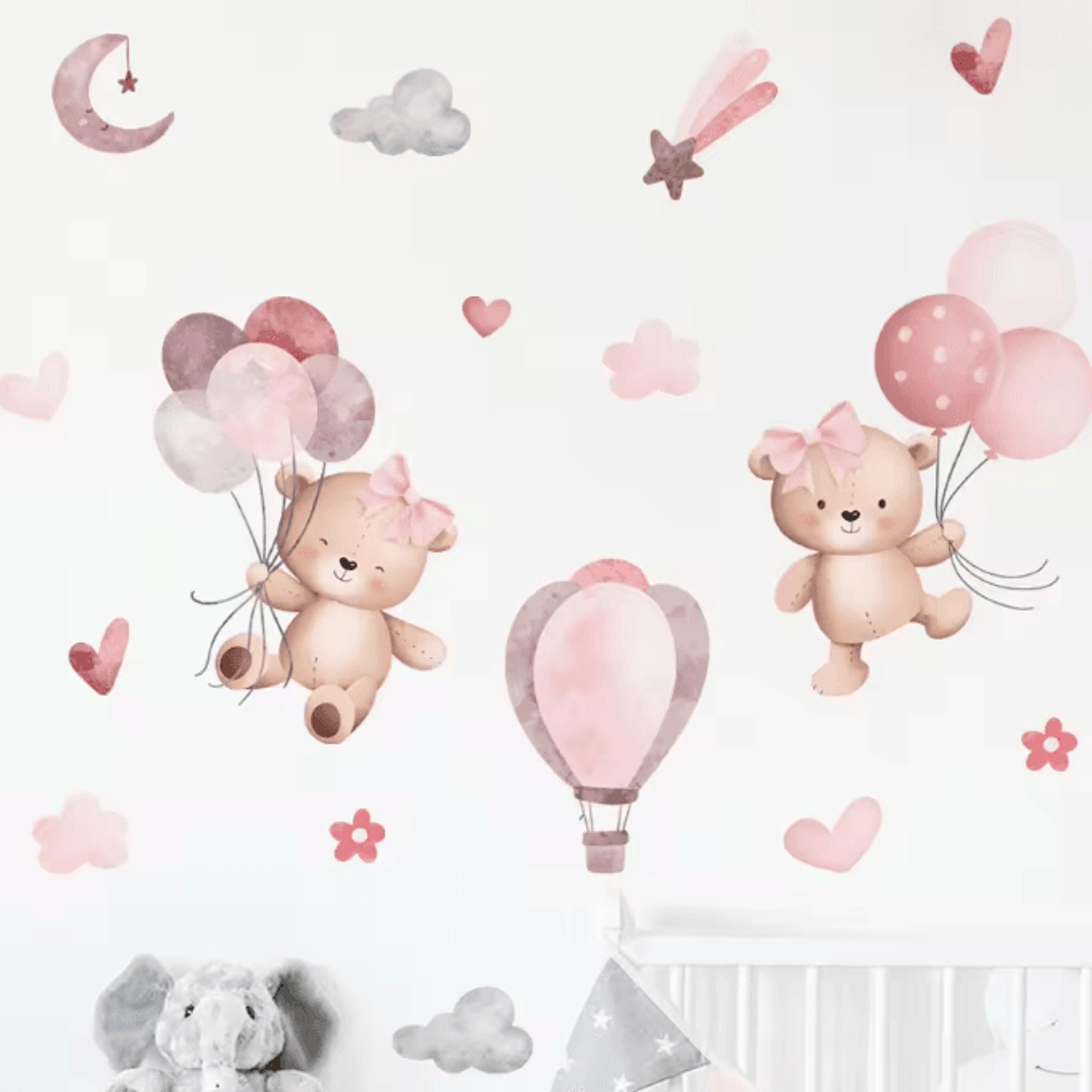 Pink Cartoon Bear Balloon Wall Stickers  Cute Kids Room  Nursery Wall Decals Decor 1