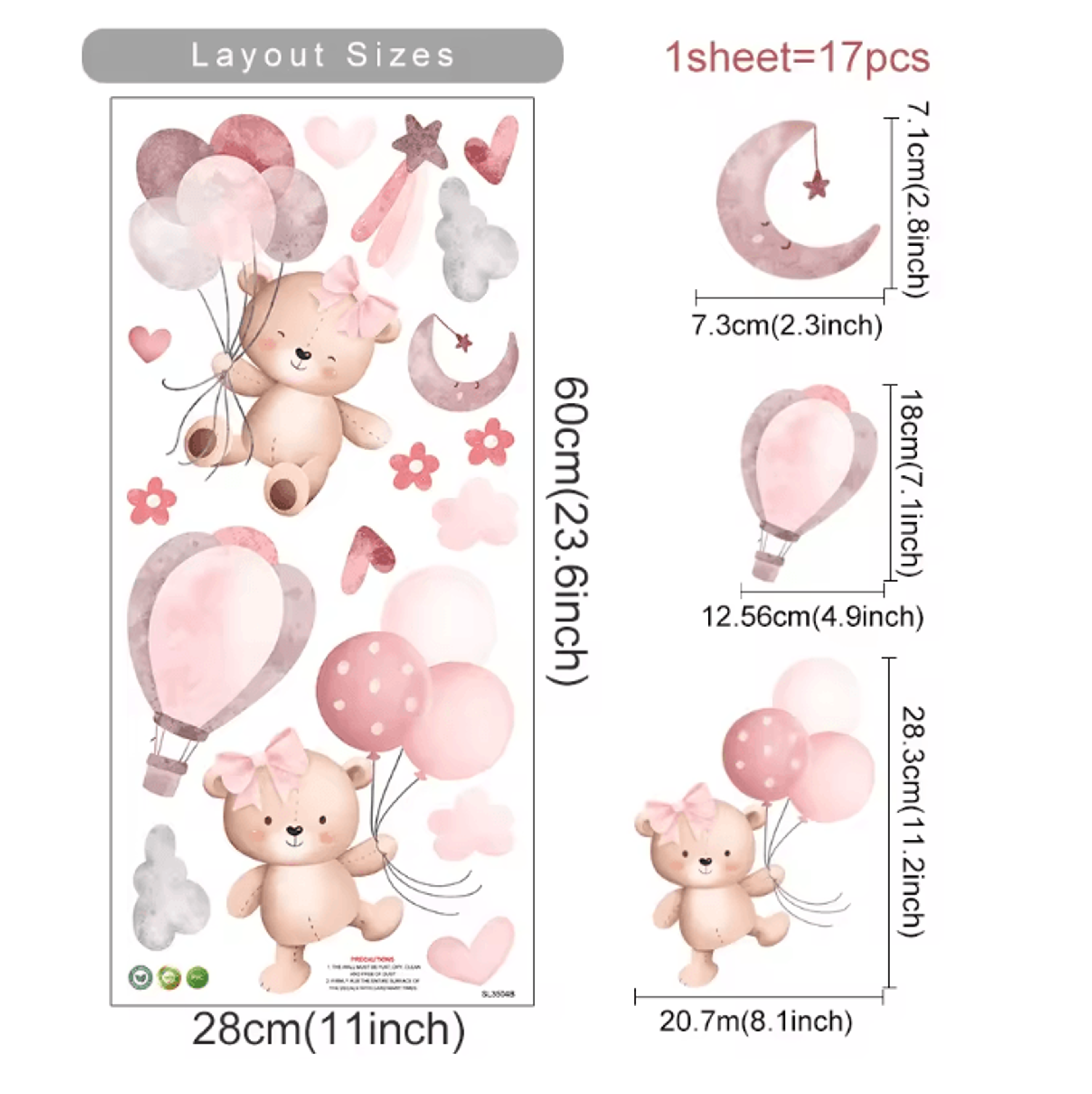 Pink Cartoon Bear Balloon Wall Stickers  Cute Kids Room  Nursery Wall Decals Decor 5