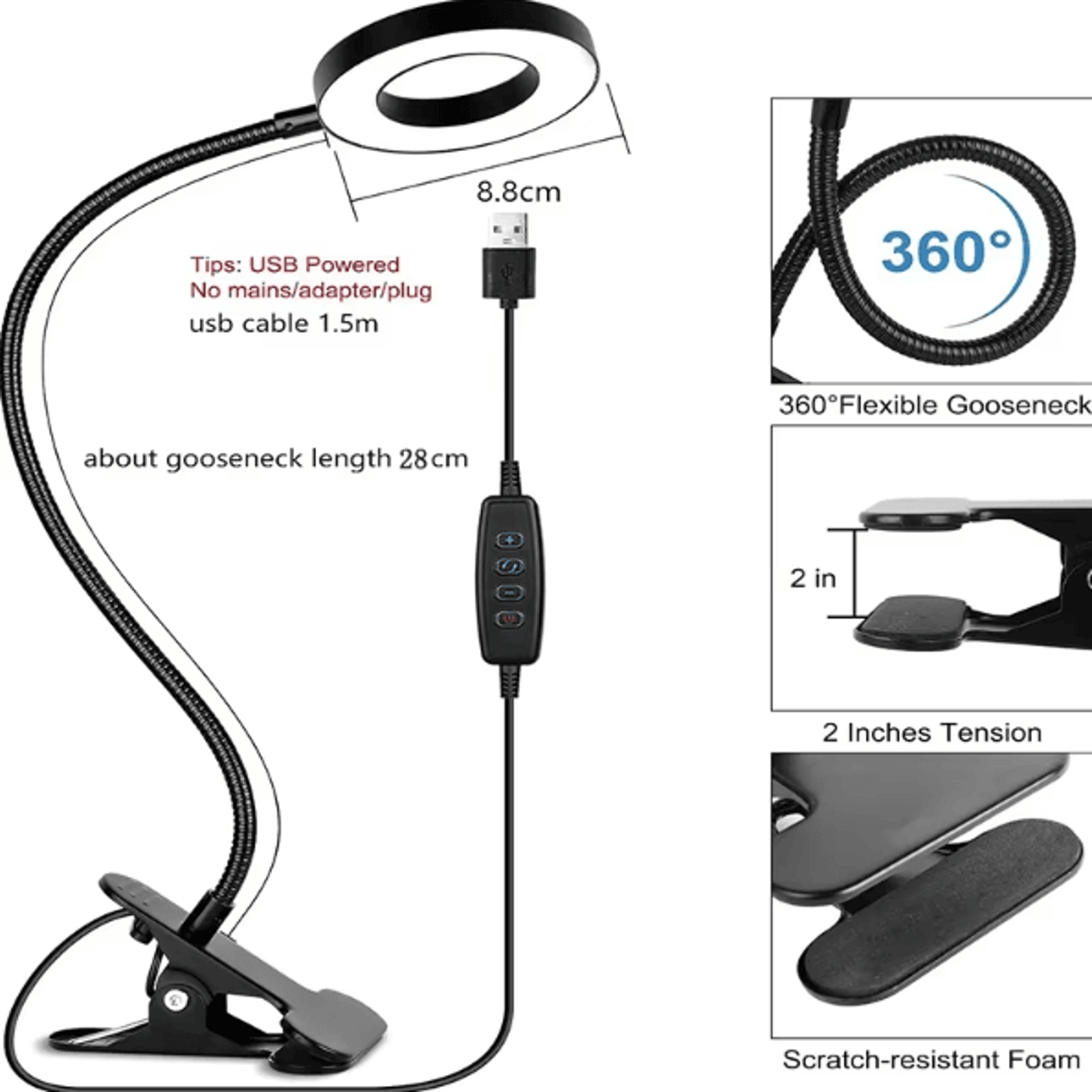 USB Clamp Desk Lamp LED Reading Light With 3 Modes 10 Brightness Levels Flexible Gooseneck Clip Lam 3