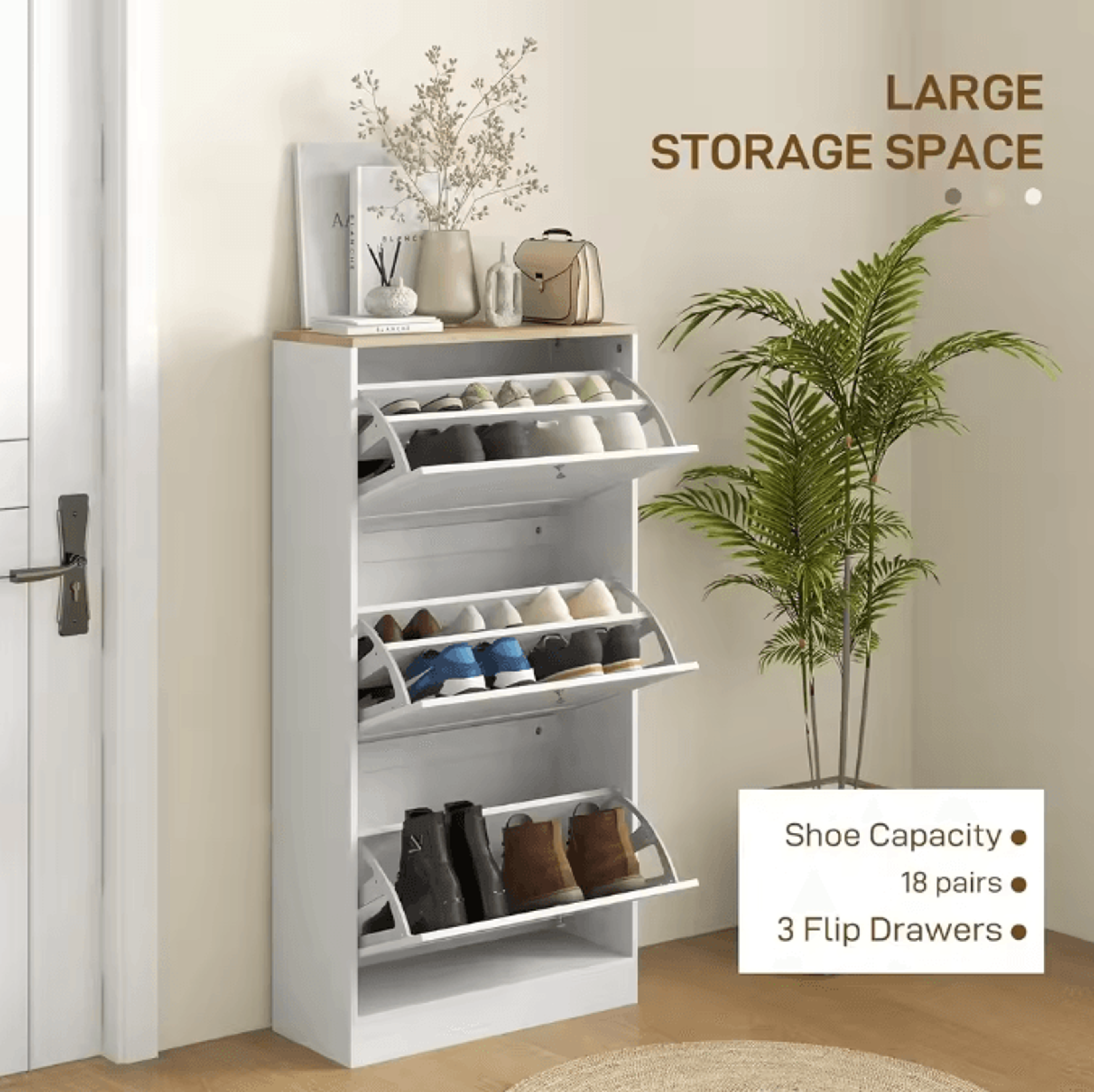 Wooden Shoe Storage Cabinet With 3 Flip Drawers Entryway Organizer With Adjustable Shelves Hidden S 2