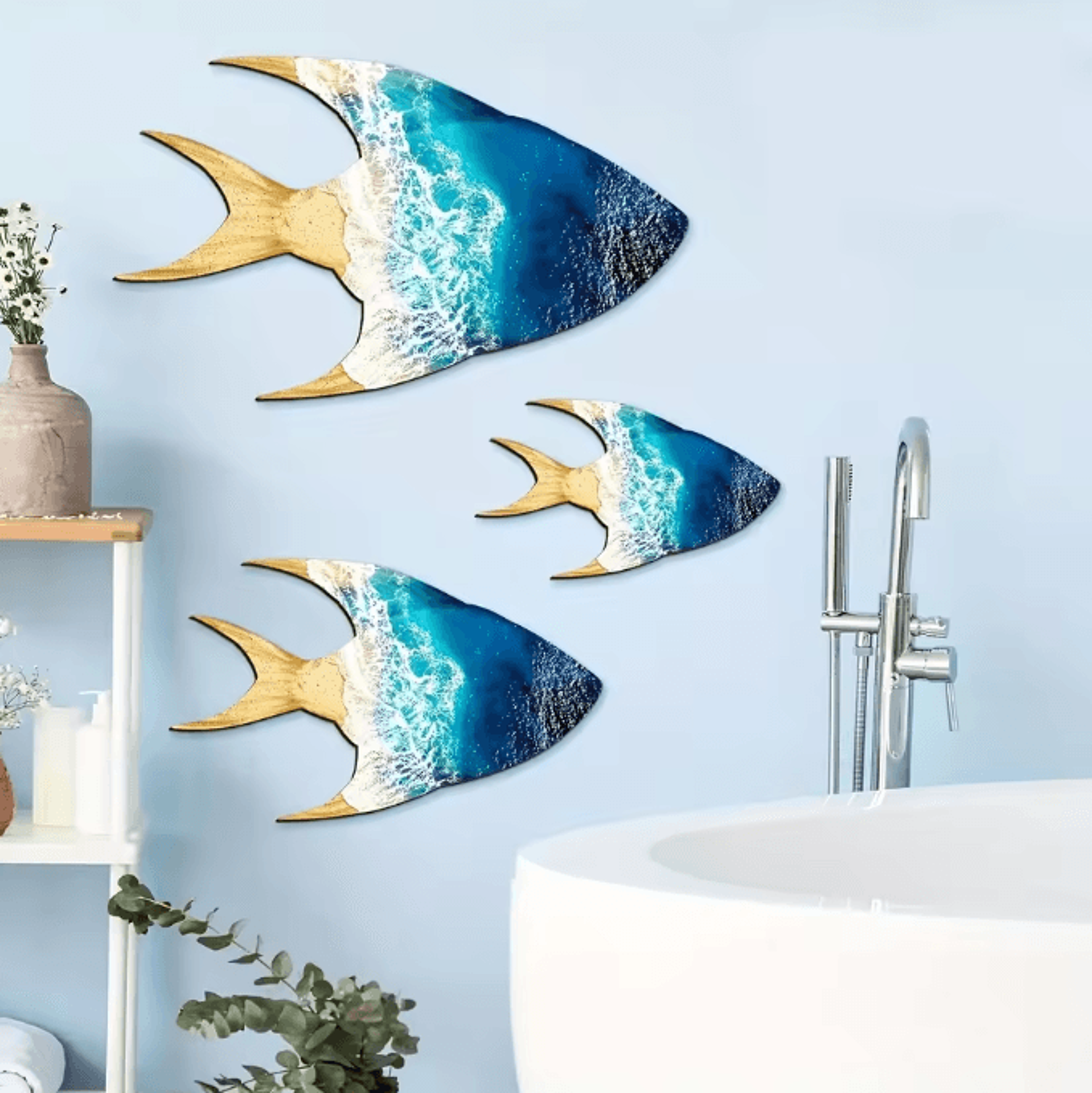 3PCS Blue Wooden Sailboat Wall Decor  Coastal Farmhouse Nautical Art Set 0