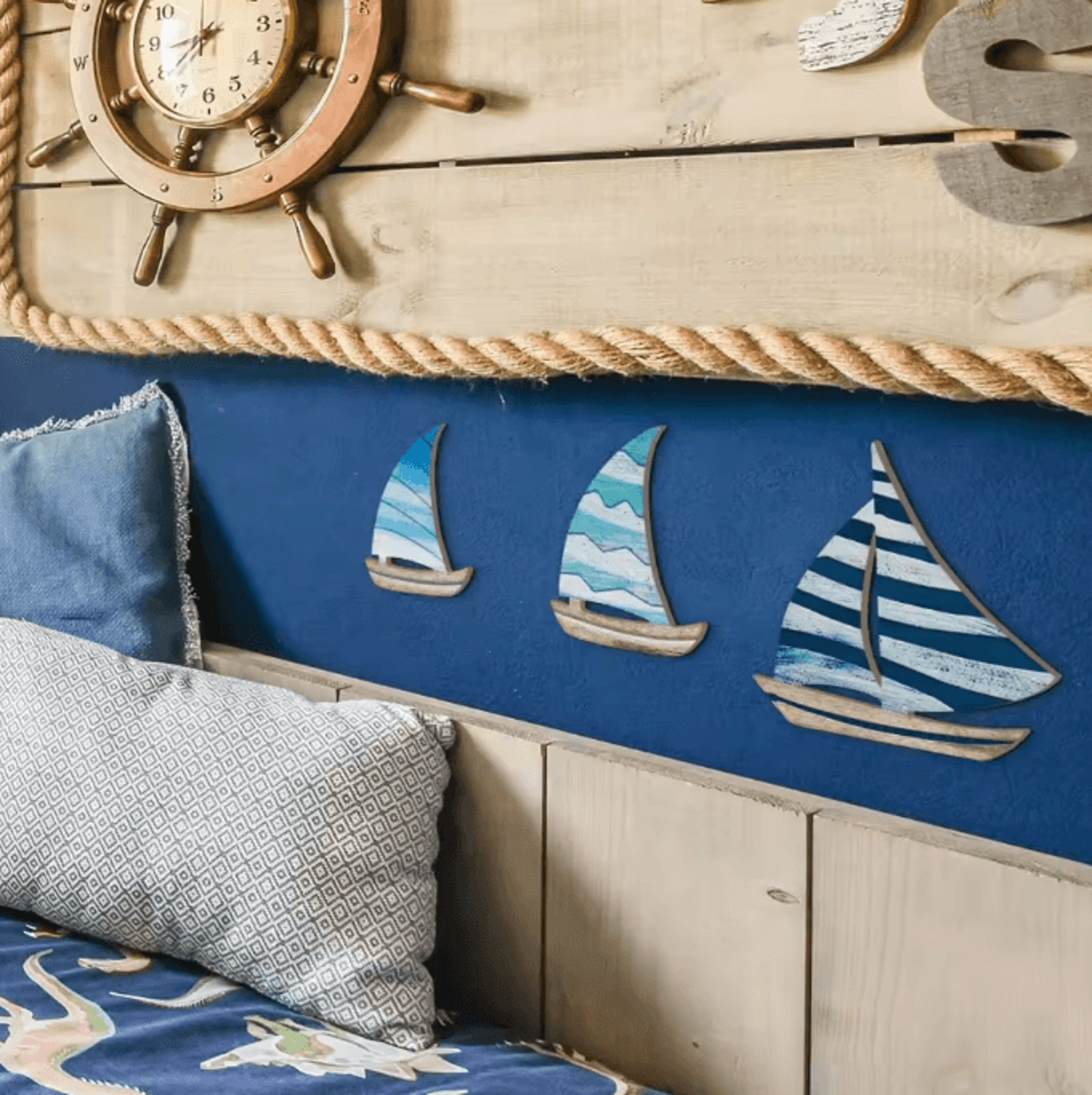 3PCS Blue Wooden Sailboat Wall Decor  Coastal Farmhouse Nautical Art Set 3