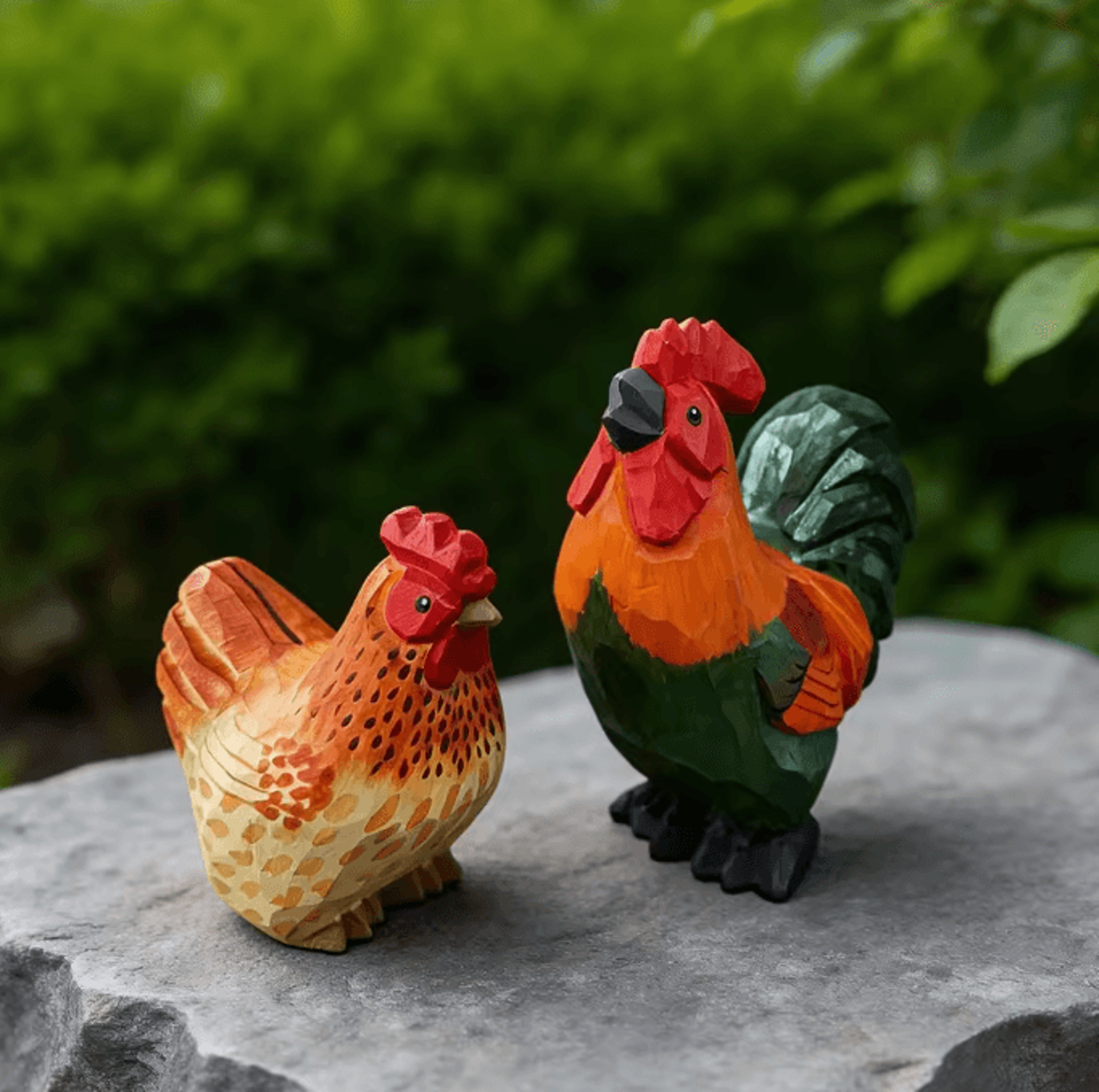 HandCarved Wooden Rooster  Hen Figurine Set  Rustic Farmhouse Decor 3