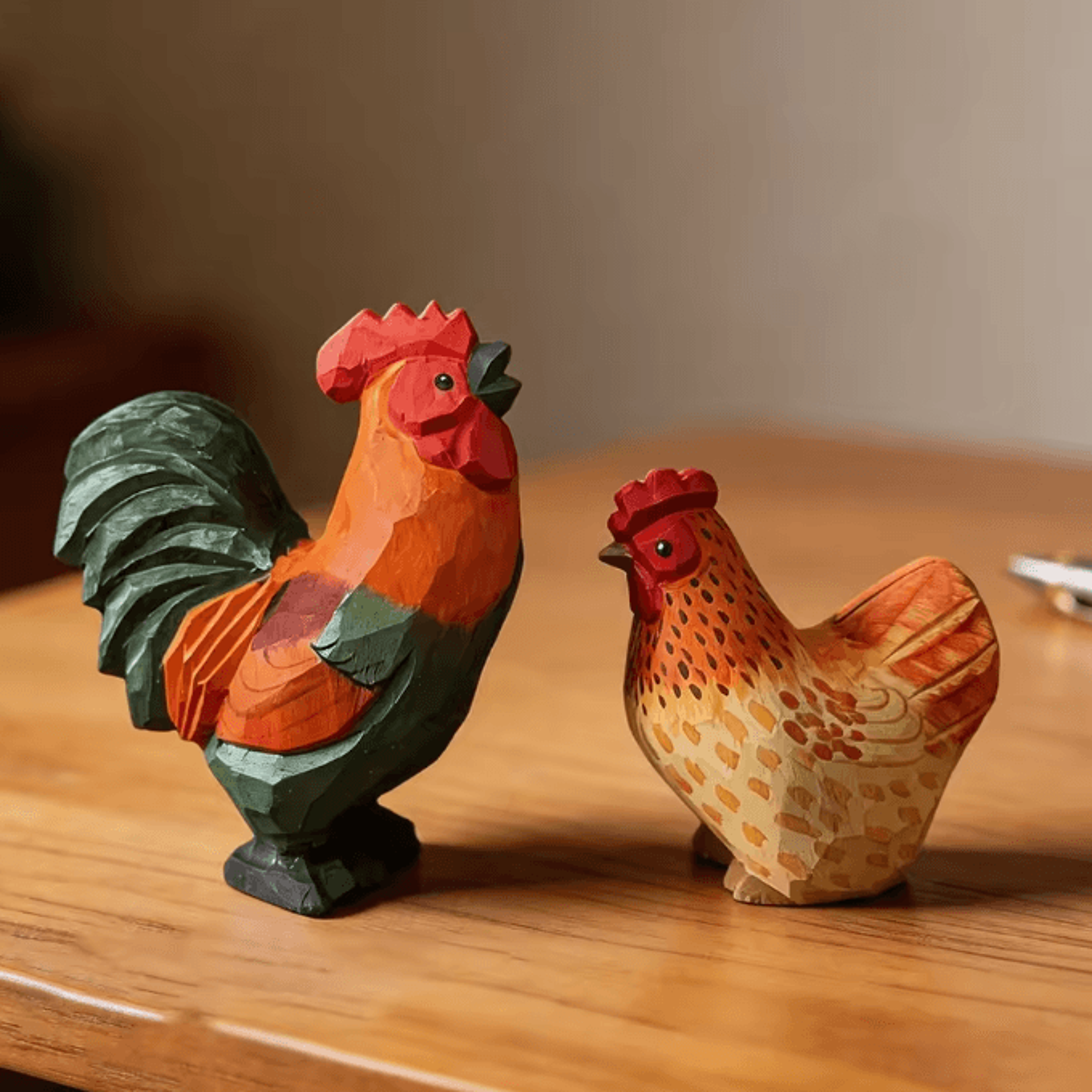 HandCarved Wooden Rooster  Hen Figurine Set  Rustic Farmhouse Decor 6