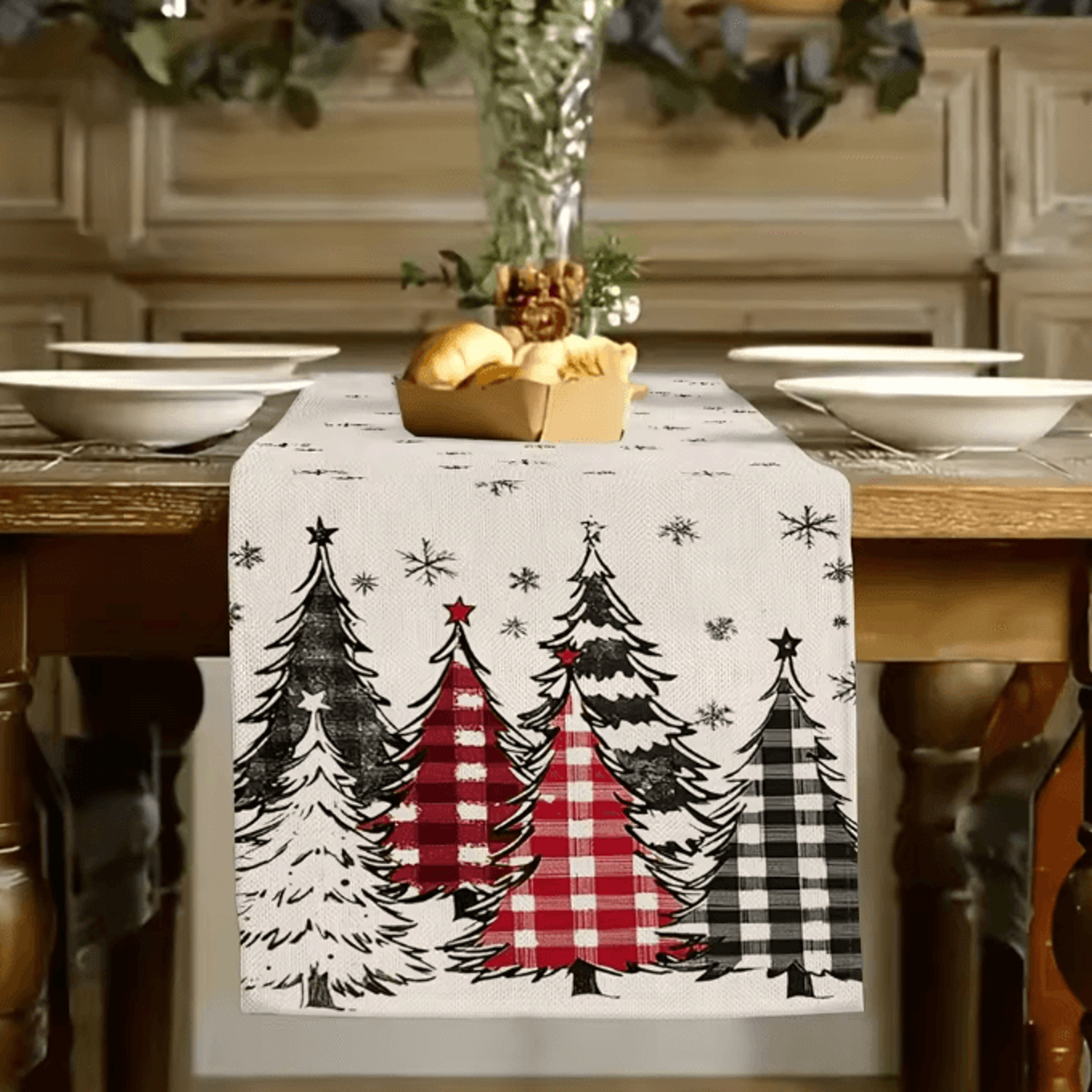 Retro Plaid Christmas Tree Table Runner  Festive Holiday Dining Decor 1