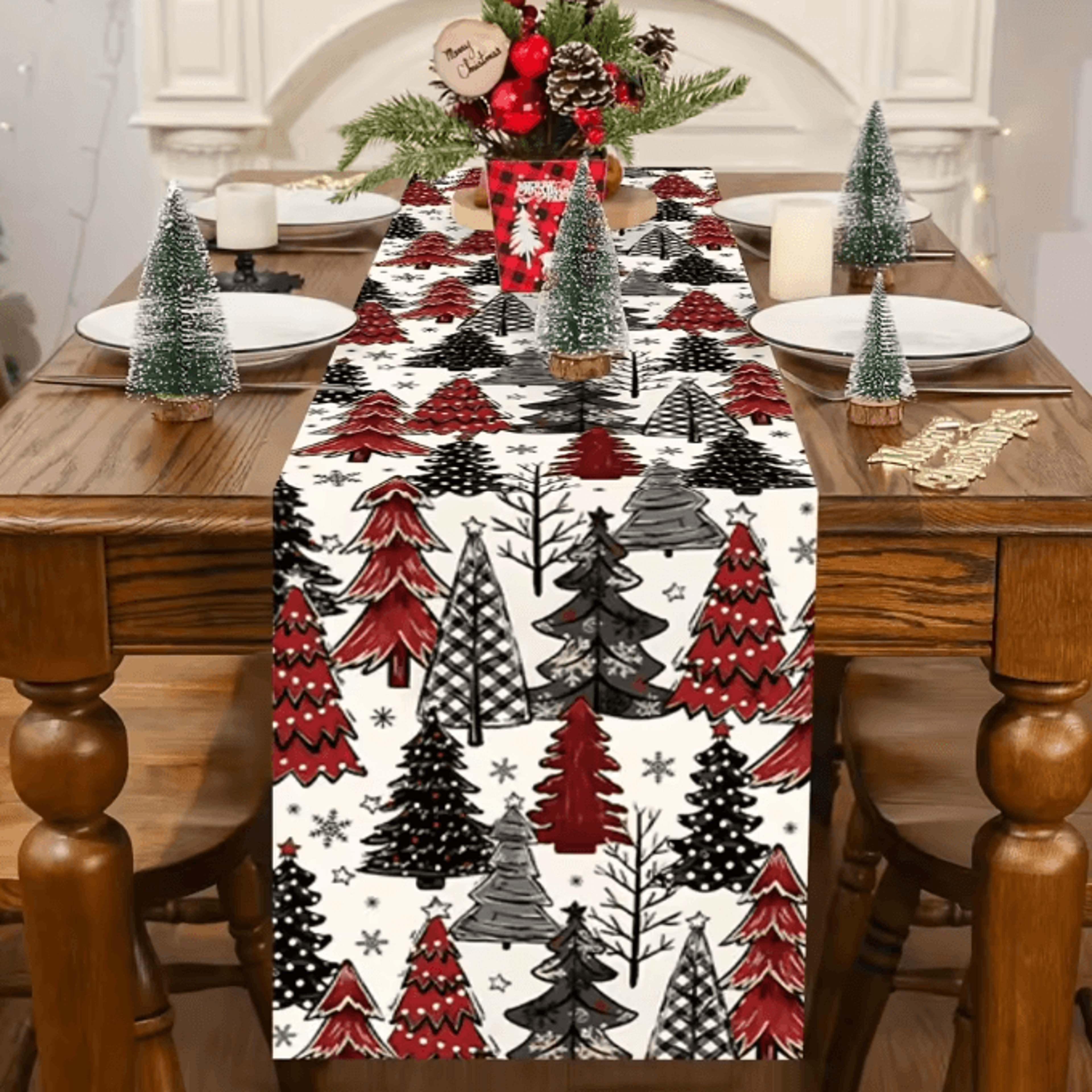 Retro Plaid Christmas Tree Table Runner  Festive Holiday Dining Decor 6