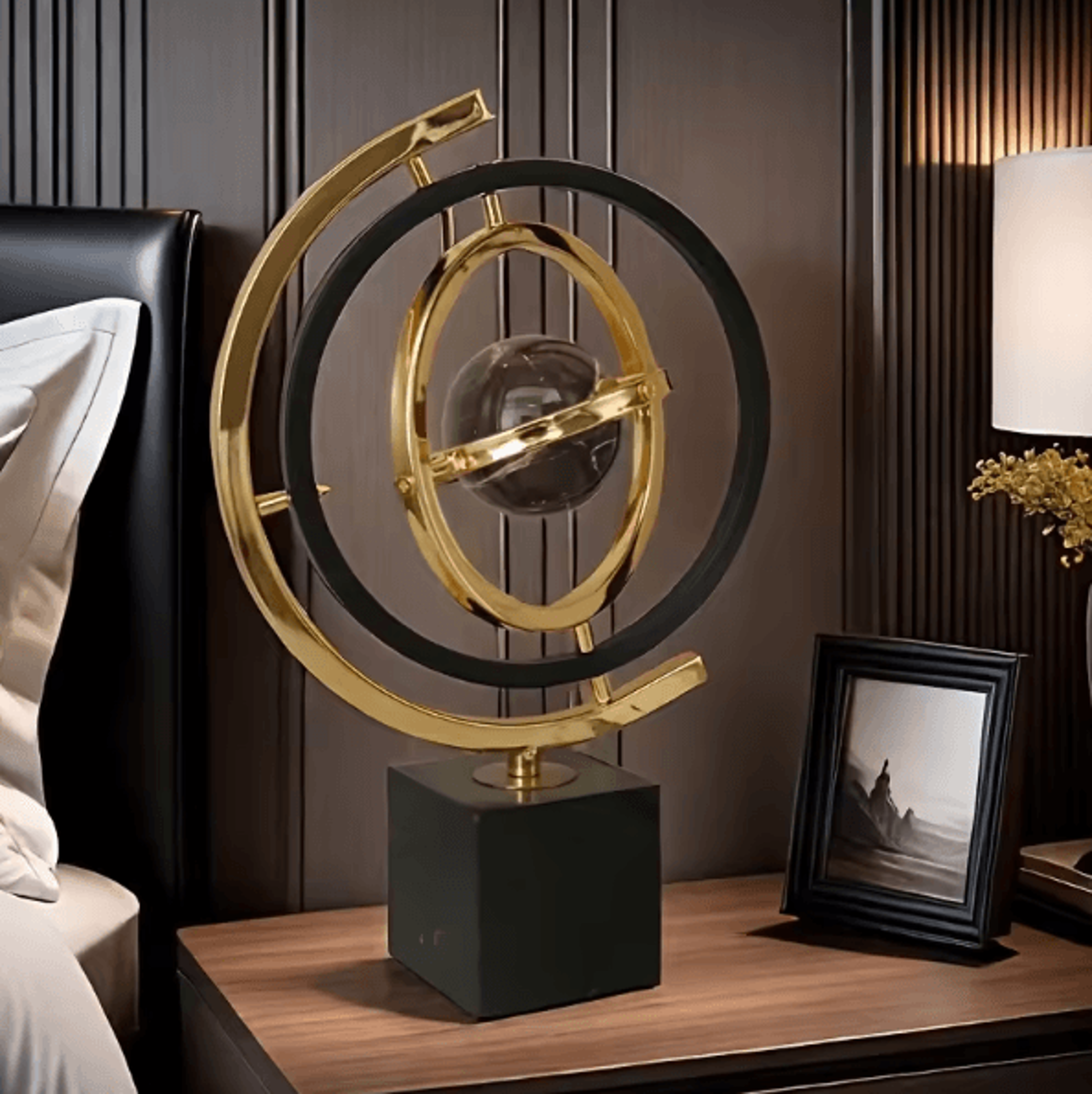 Modern Abstract Metal Globe Sculpture  Black  Gold Desk Art Decor With Rectangular Base 1