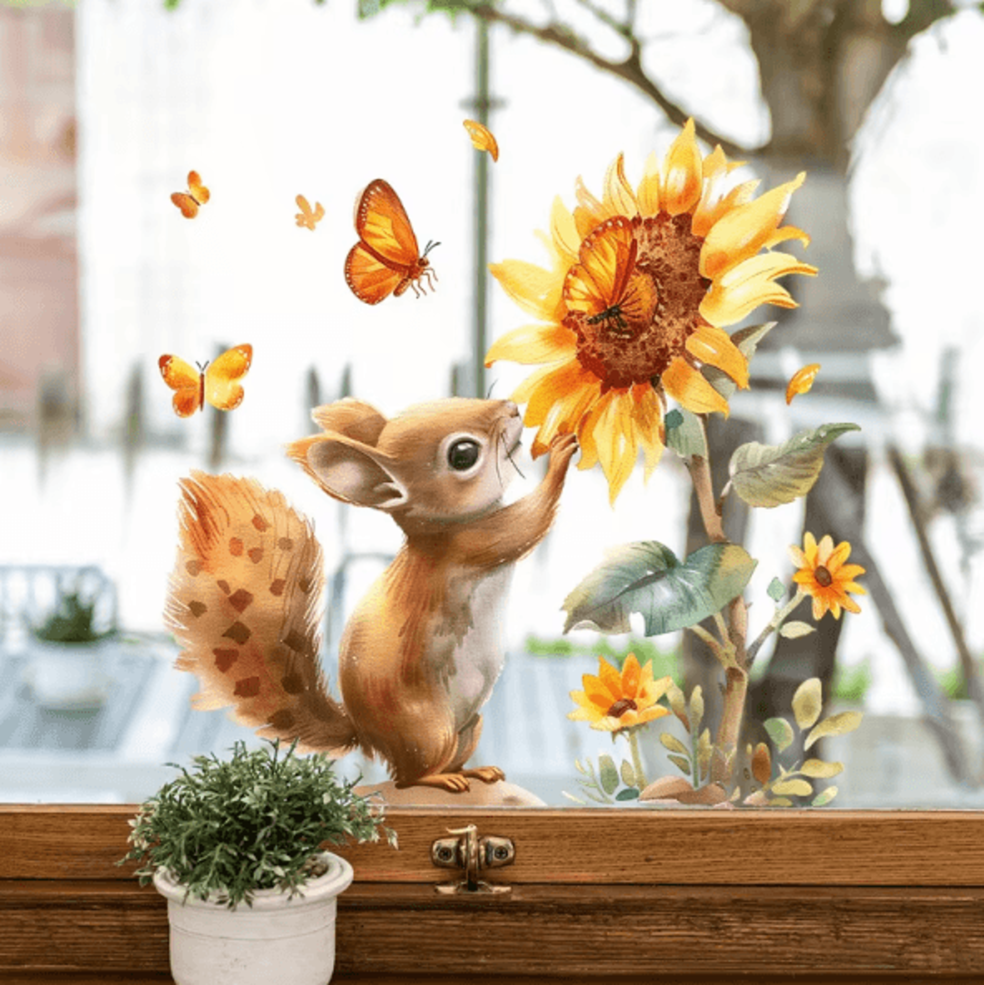 Watercolor Squirrel  Sunflower Wall Sticker  Rustic Animal Window Vinyl Decal For Home Decor 2