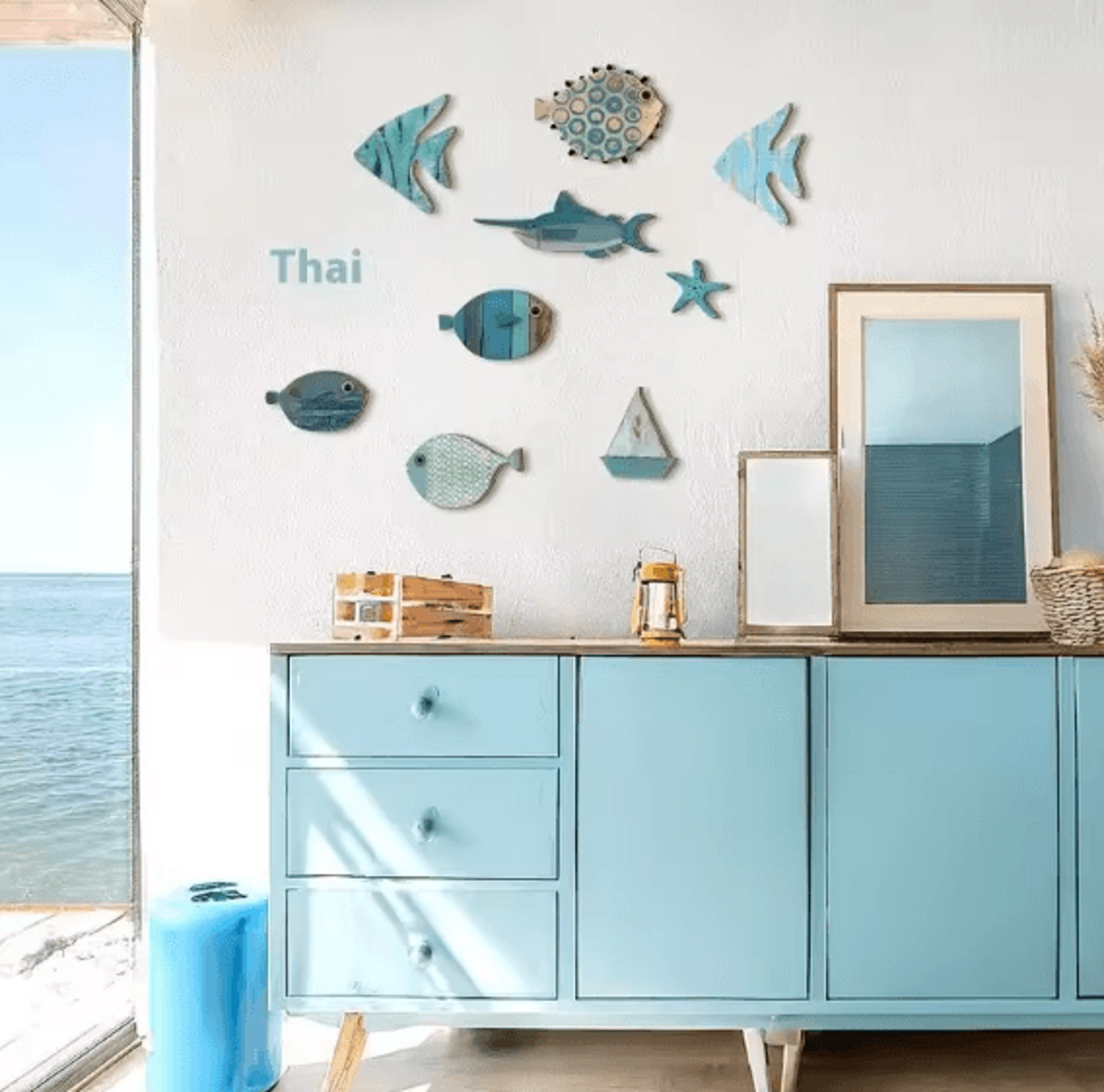 OceanCraft 10PCS Wooden Fish Wall Decor Nautical Coastal Hanging Art Set 1