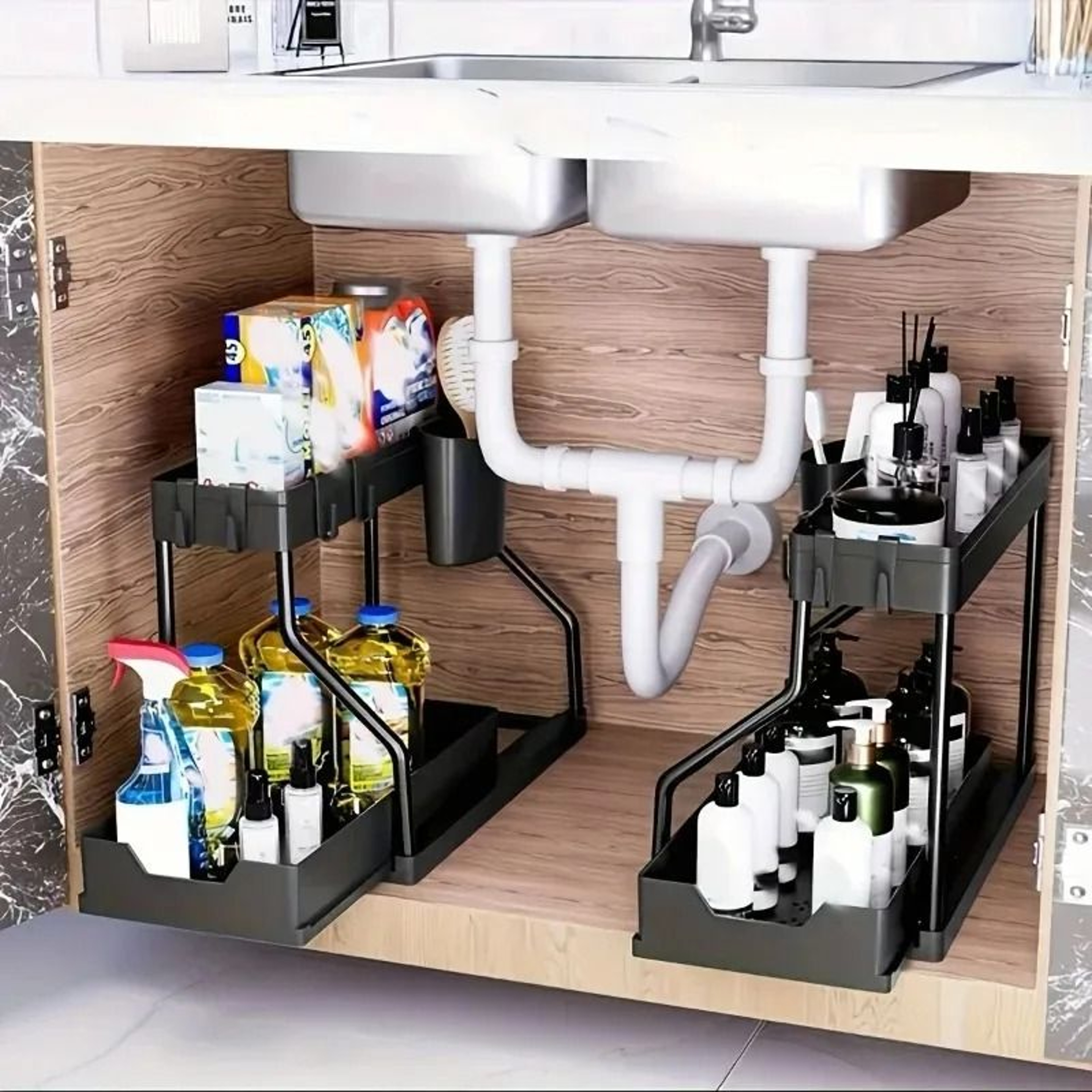 Double Layer Pull Out Under Sink Storage Rack For Kitchen And Bathroom Organization 2