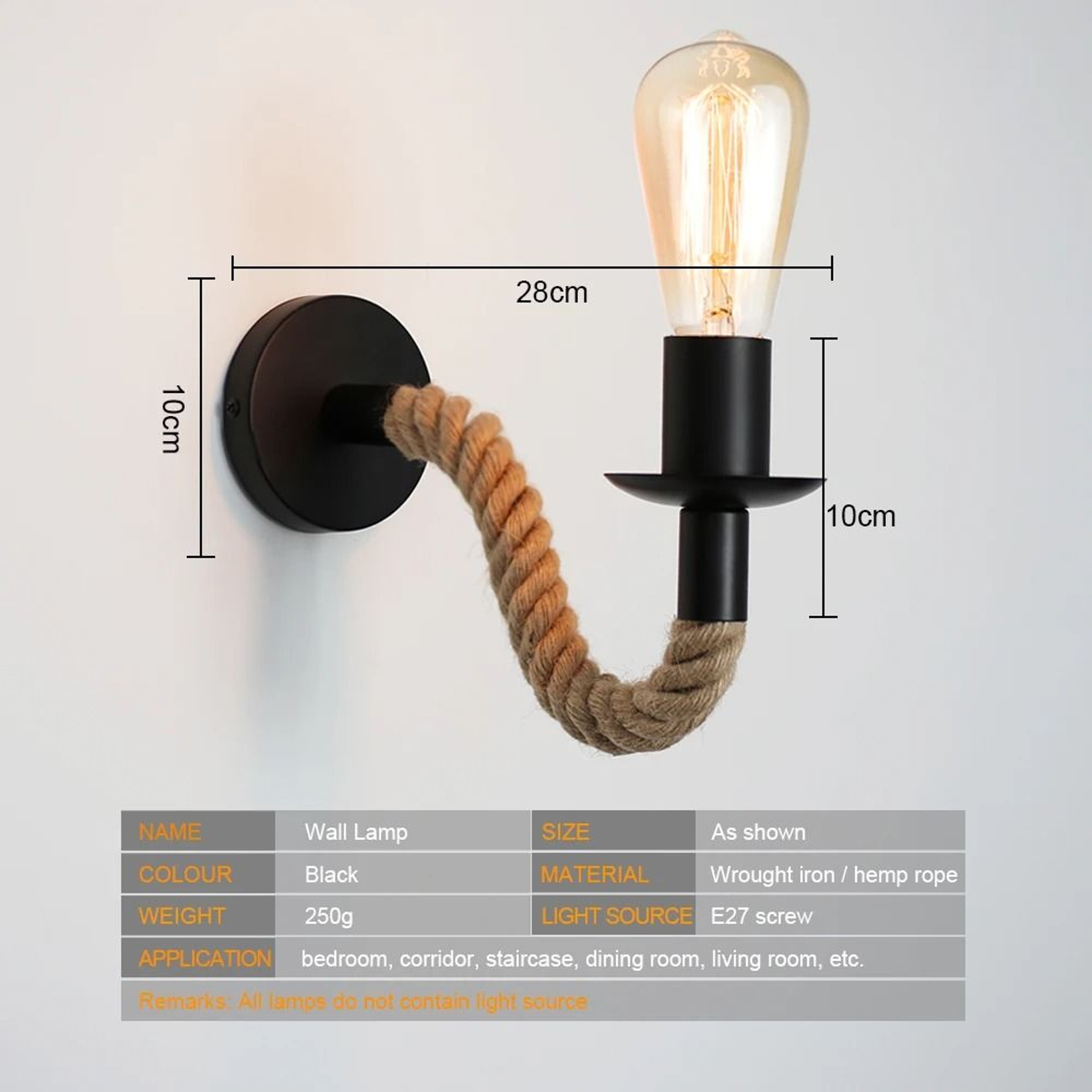 Vintage Industrial Hemp Rope Wall Light Sconce With E27 Base For Bedroom Dining Room And Indoor Dec 1