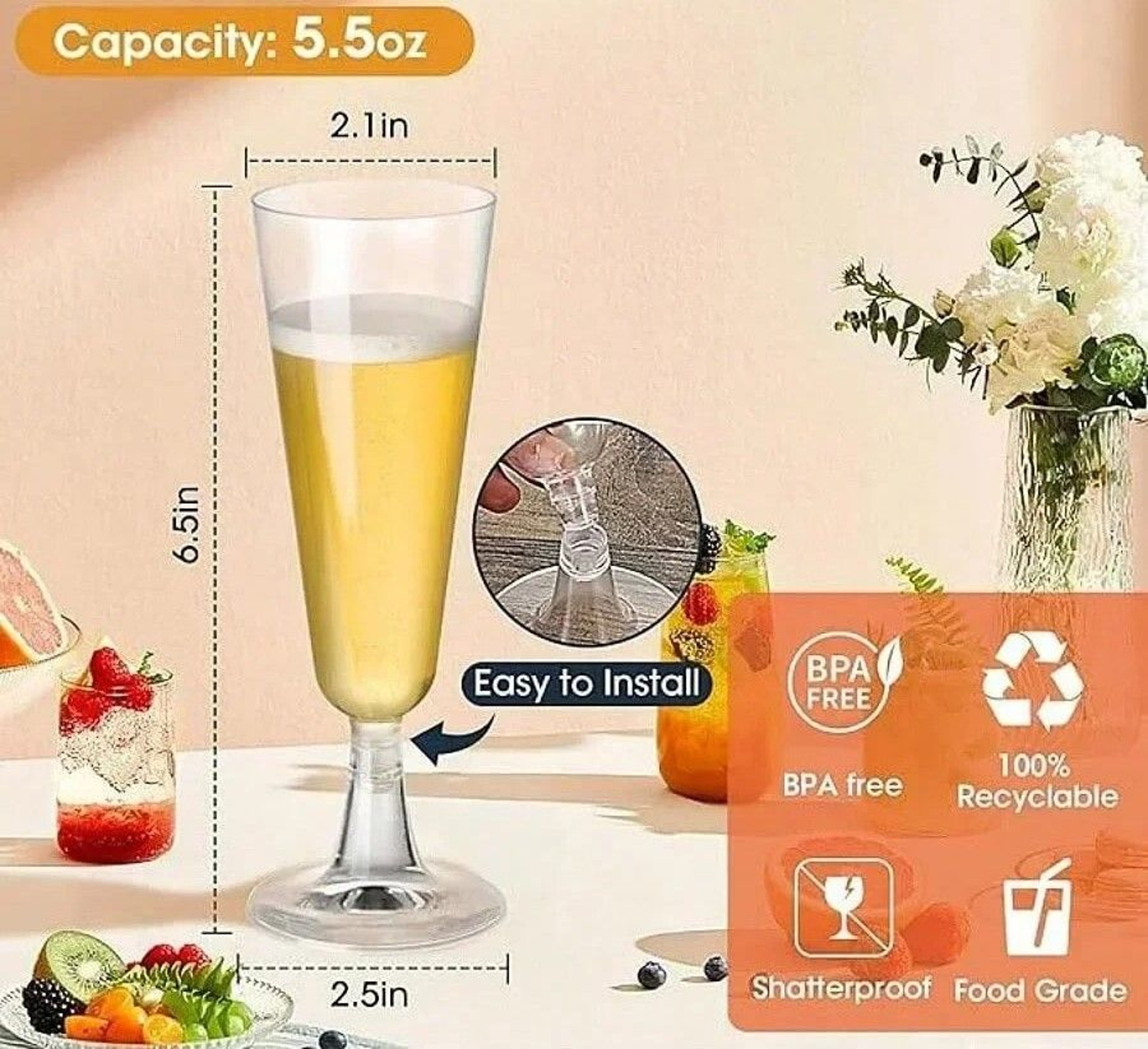 Disposable Plastic Champagne Glasses And Cocktail Stemware With Gold Glitter For Parties And Bars 2