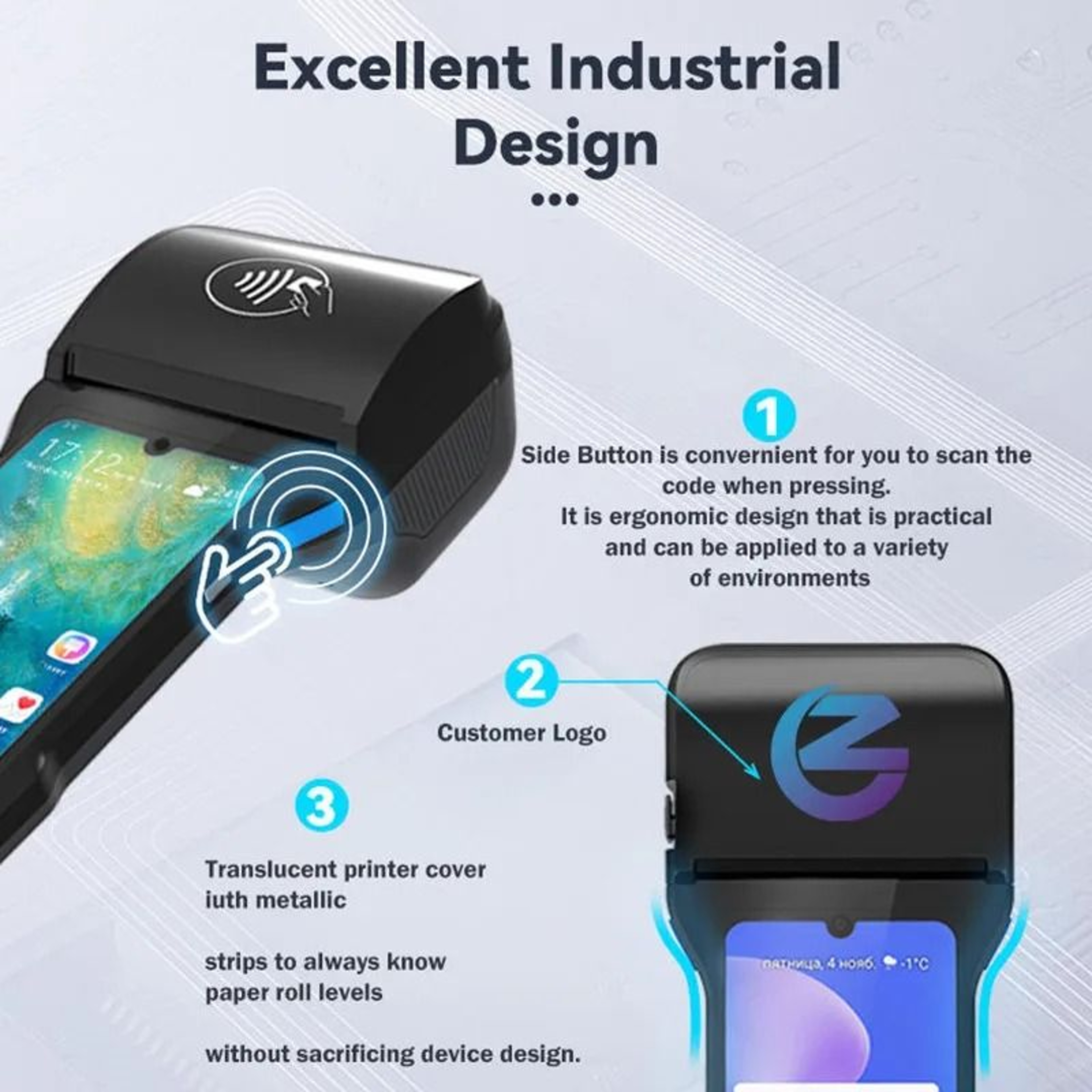 Handheld Android Wireless Mobile POS Terminal Printer And Barcode Scanner 3