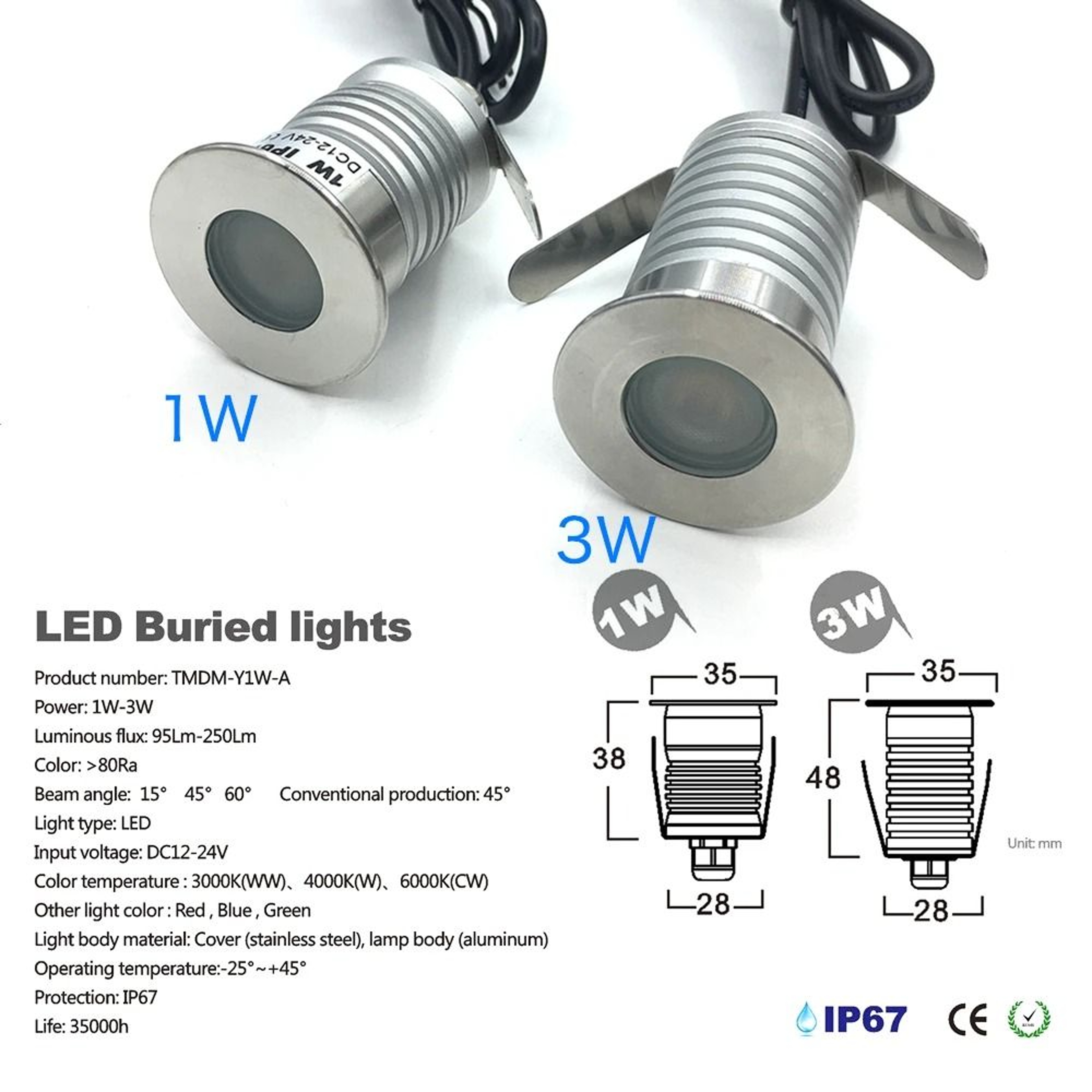 IP67 Waterproof 1W 3W LED Underground Light Recessed Ground Garden Path Outdoor Landscape Spot 12V  1