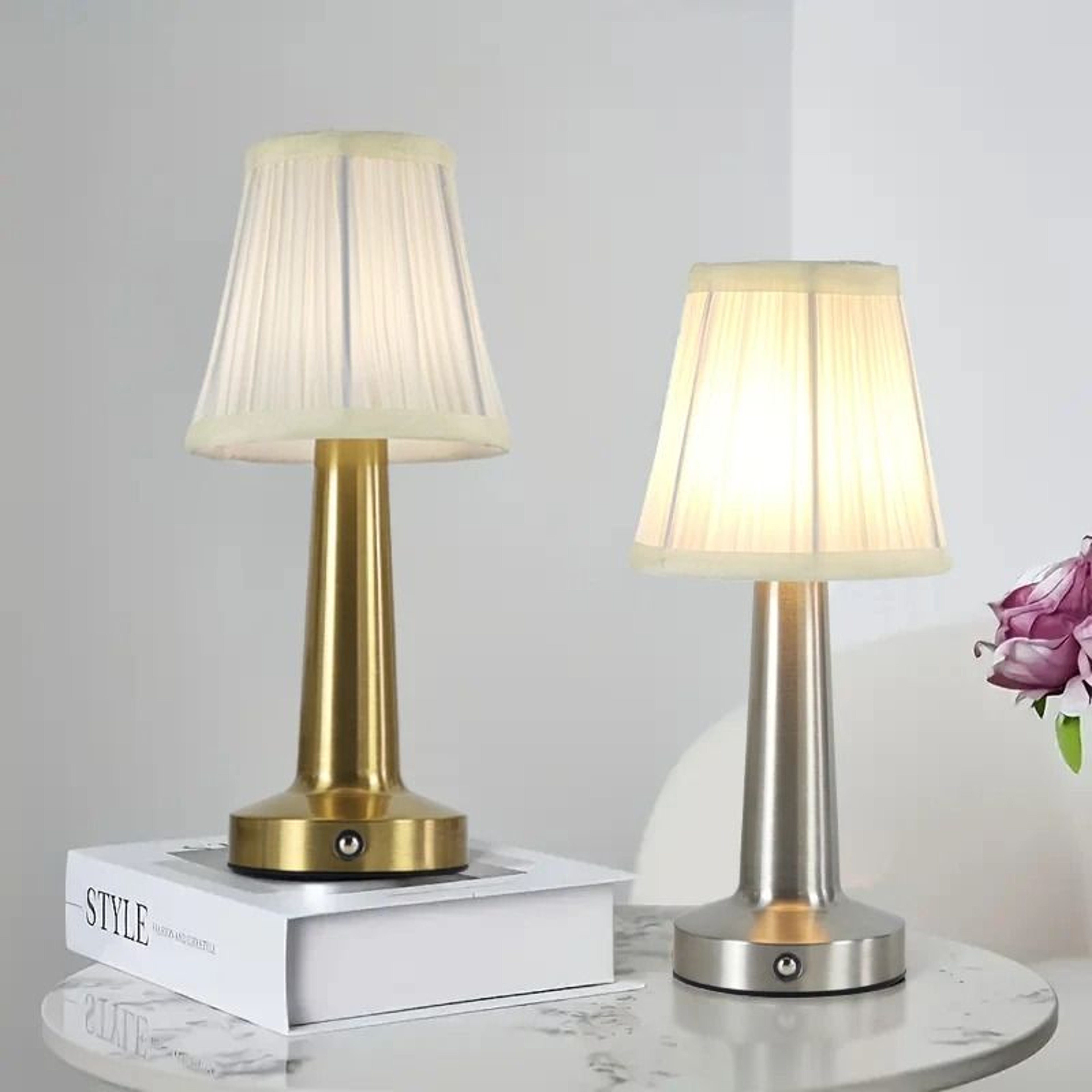 Modern Rechargeable Cordless Touch Control Restaurant LED Table Lamp Pleated Silk Shade Home Decor 0