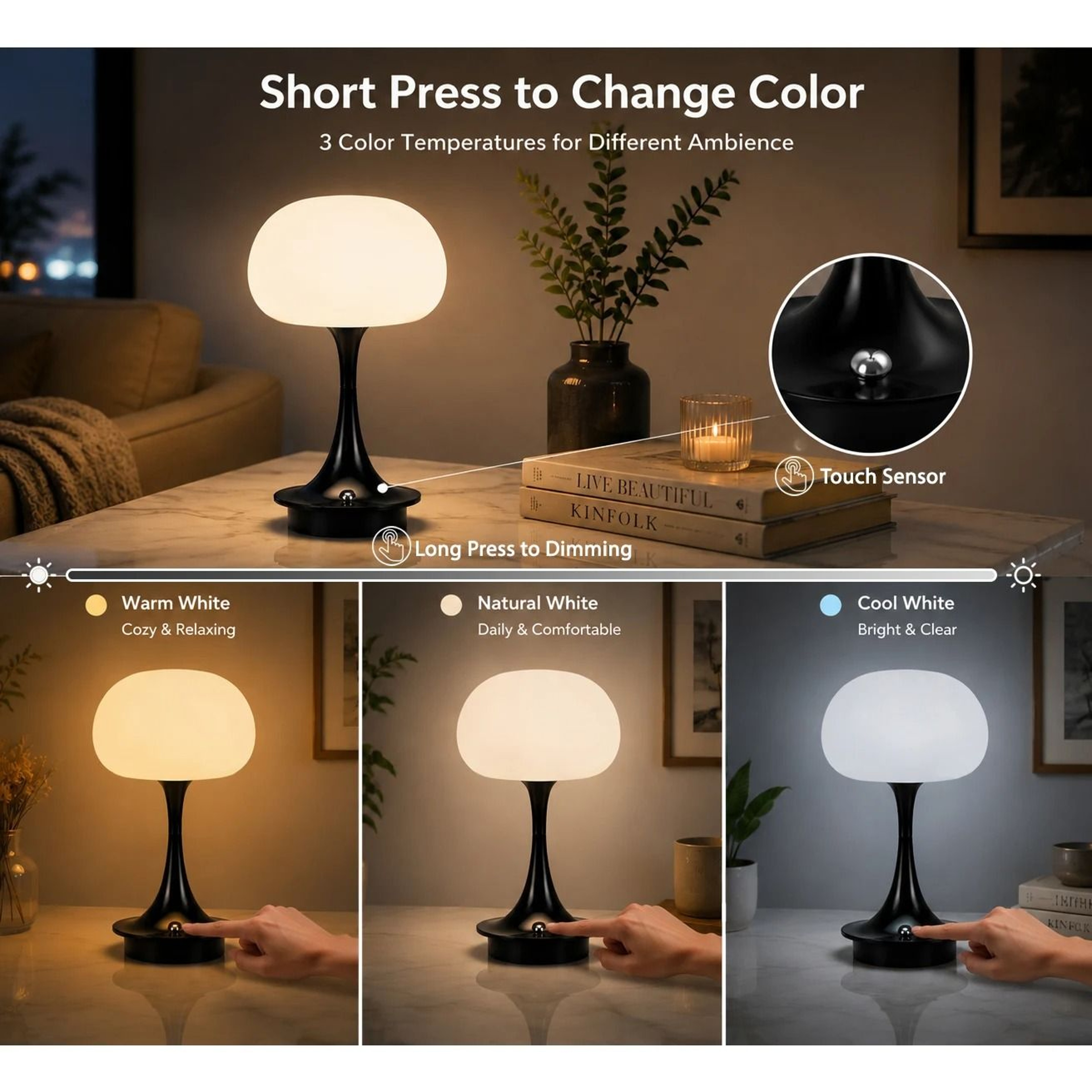 Modern Mushroom Table Lamp Wireless Rechargeable LED Touch Control 3 Color Lights Gift Choice 0