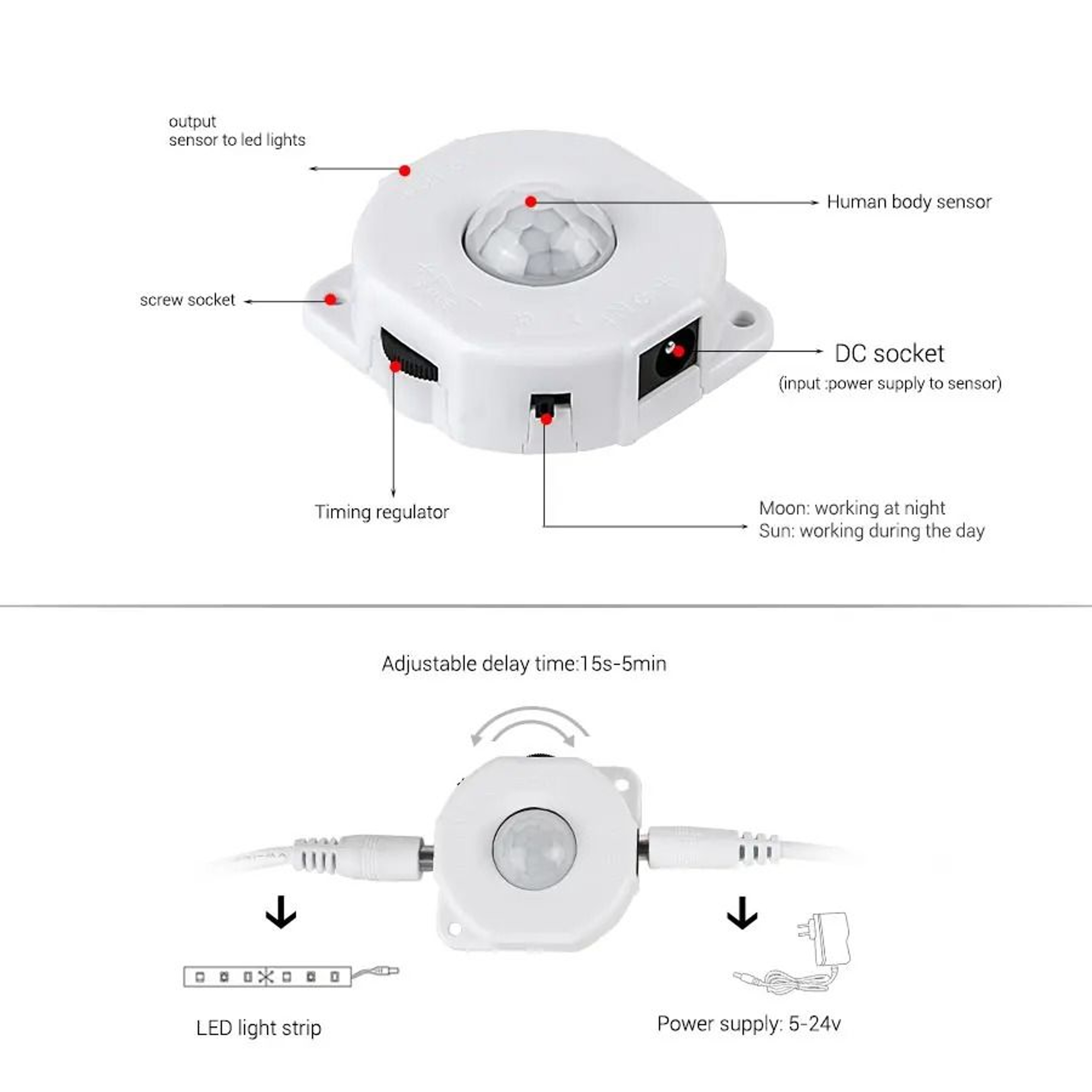 PIR Motion Sensor Switch DC 5V 12V 24V Automatic Movement Detector Controller For LED Strip Lights  2