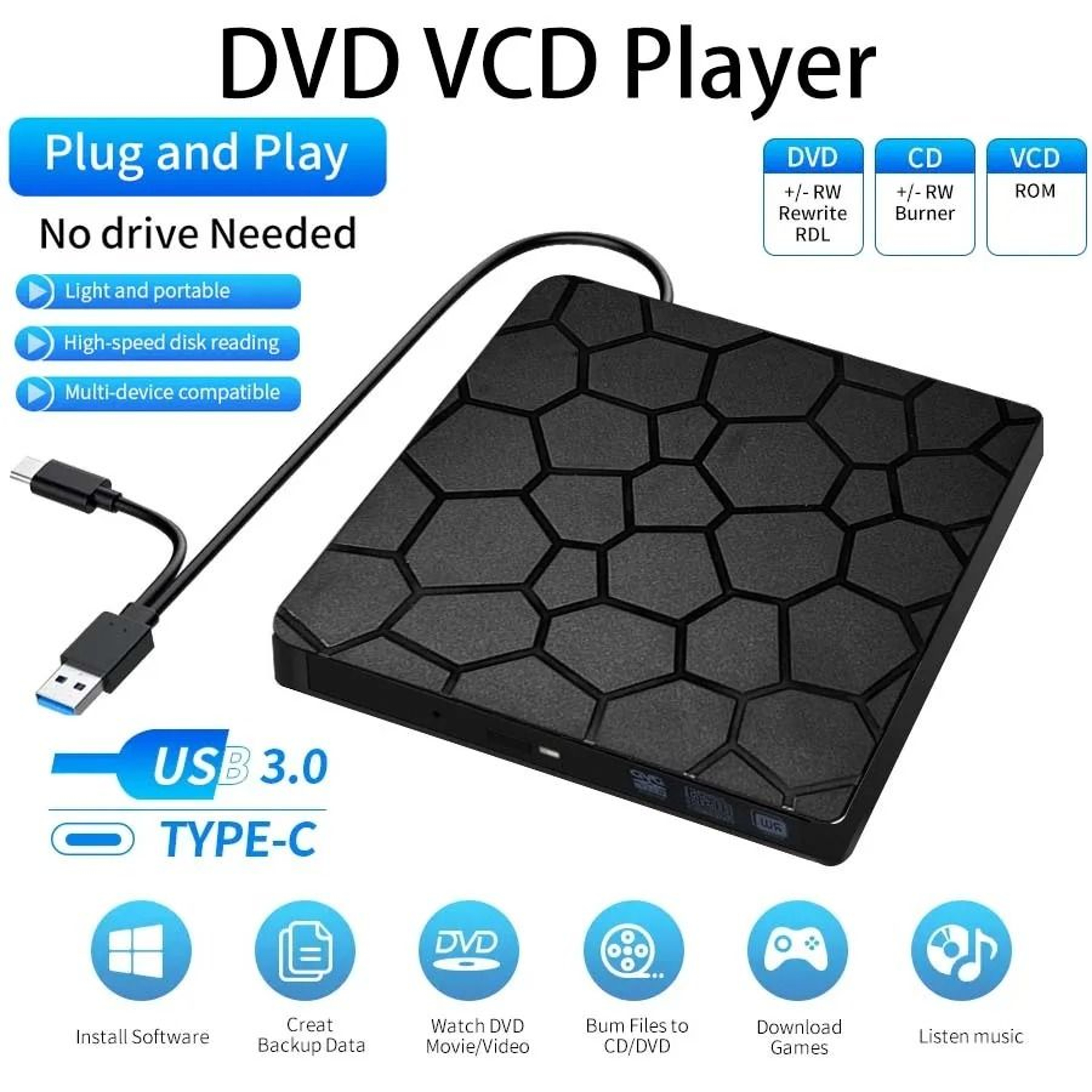 External CD DVD Drive USB 30 Type C 2 In 1 Portable Optical Burner Reader Player 0
