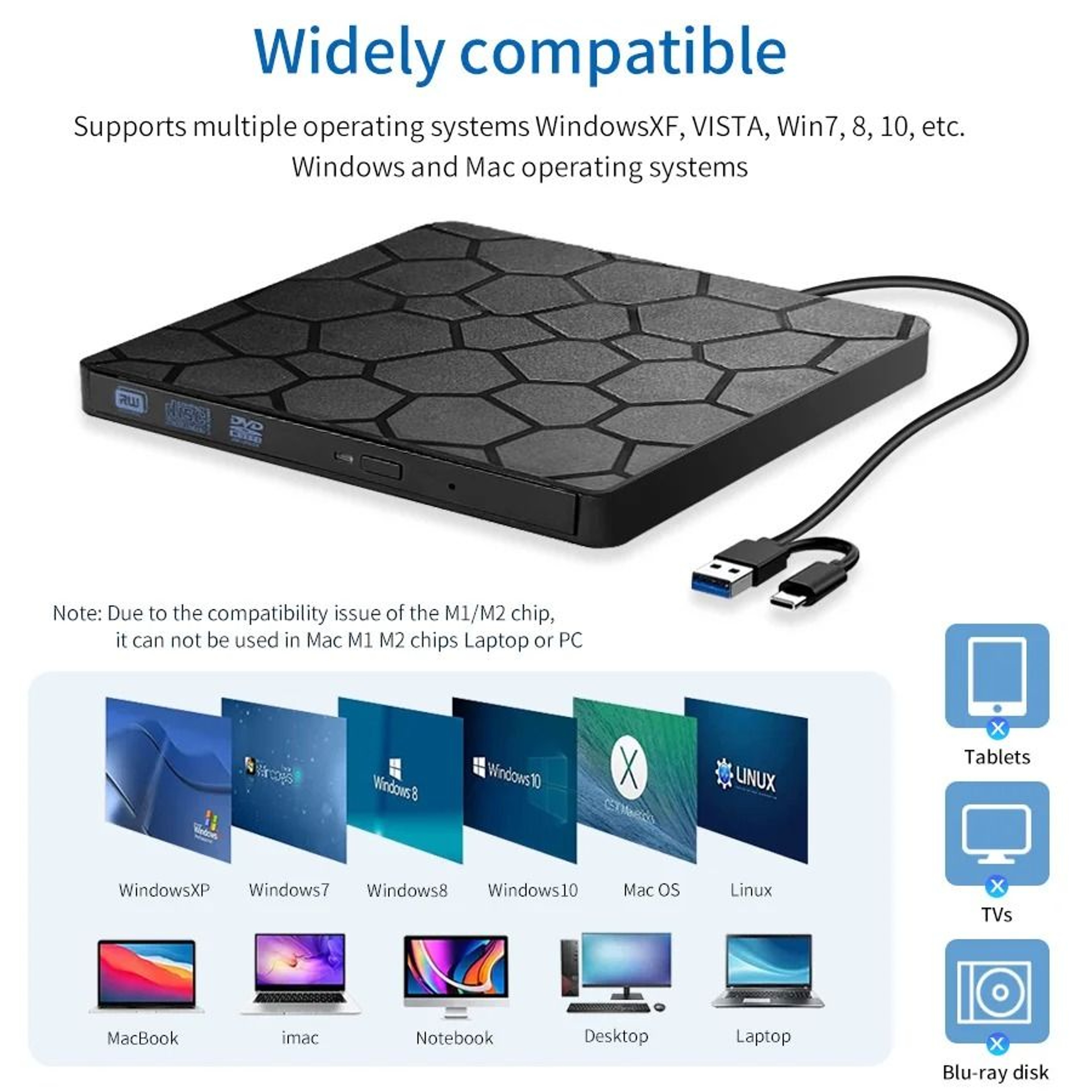 External CD DVD Drive USB 30 Type C 2 In 1 Portable Optical Burner Reader Player 2