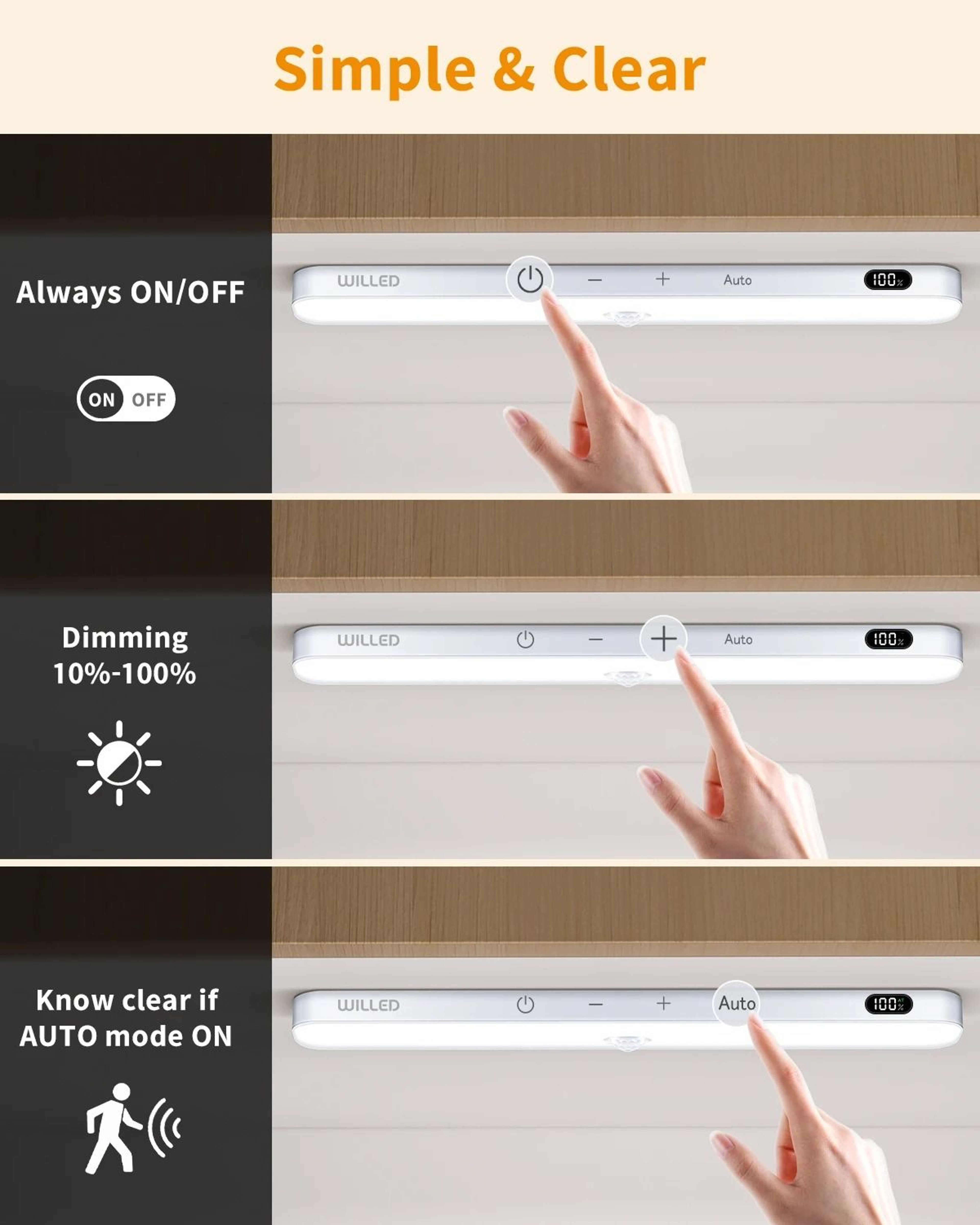 Cordless Motion Sensor LED Cabinet Light Bar Battery Display Touch Night Light 3