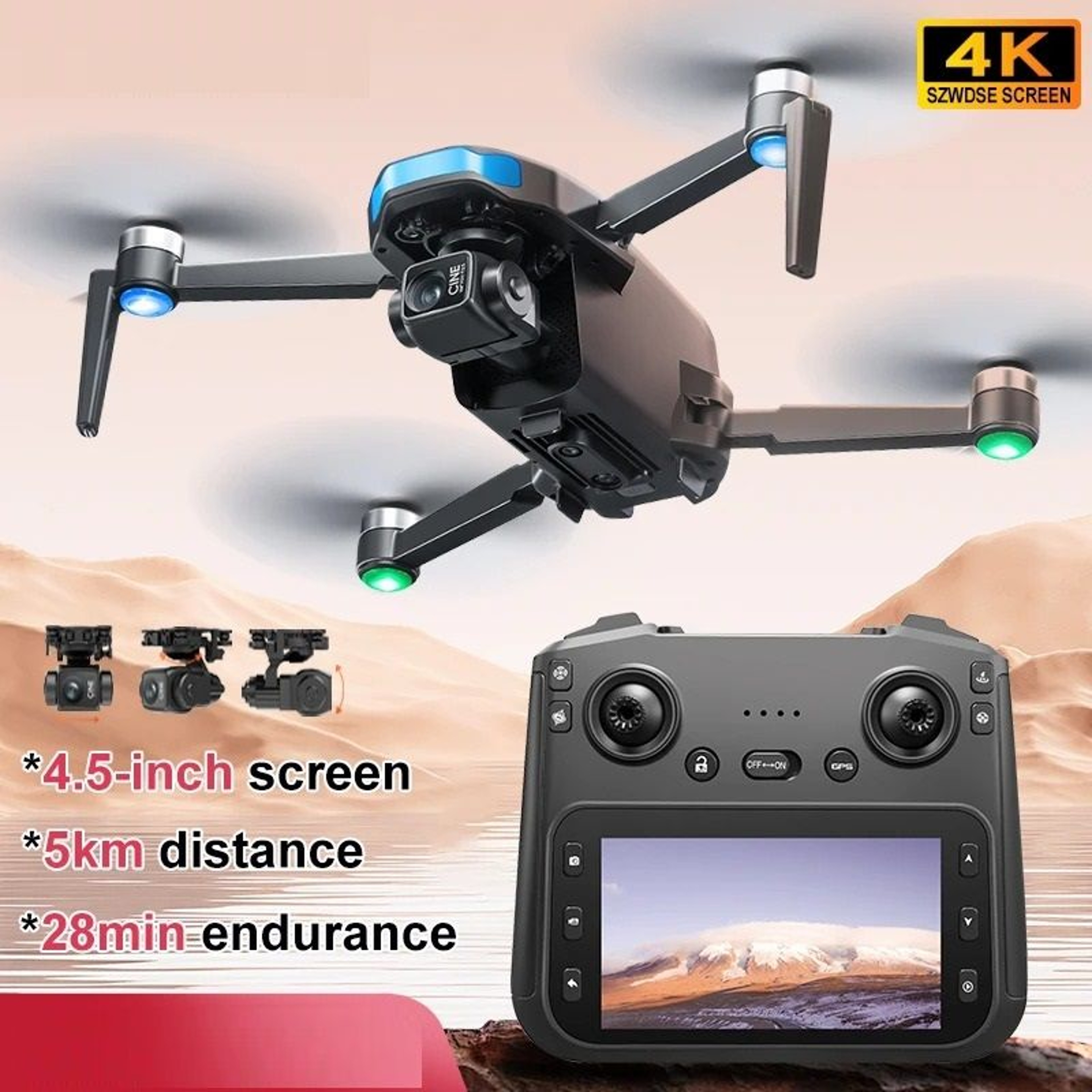 Brushless GPS Drone 4K Camera 3 Axis Gimbal Large Screen Remote Aerial Quadcopter 0