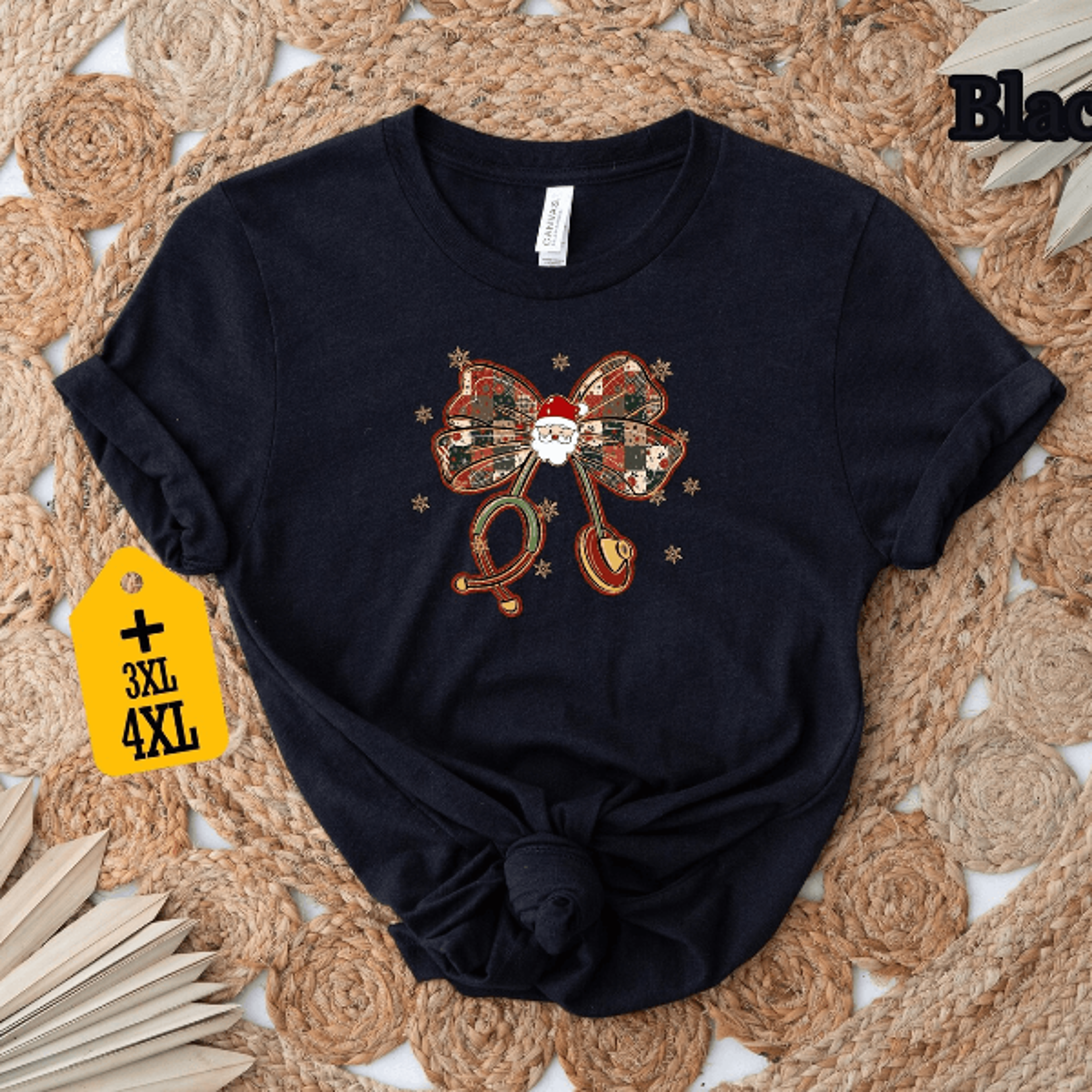 Santa Bow Christmas Shirt  Retro Plaid Holiday Bells Graphic Tee For Women 2
