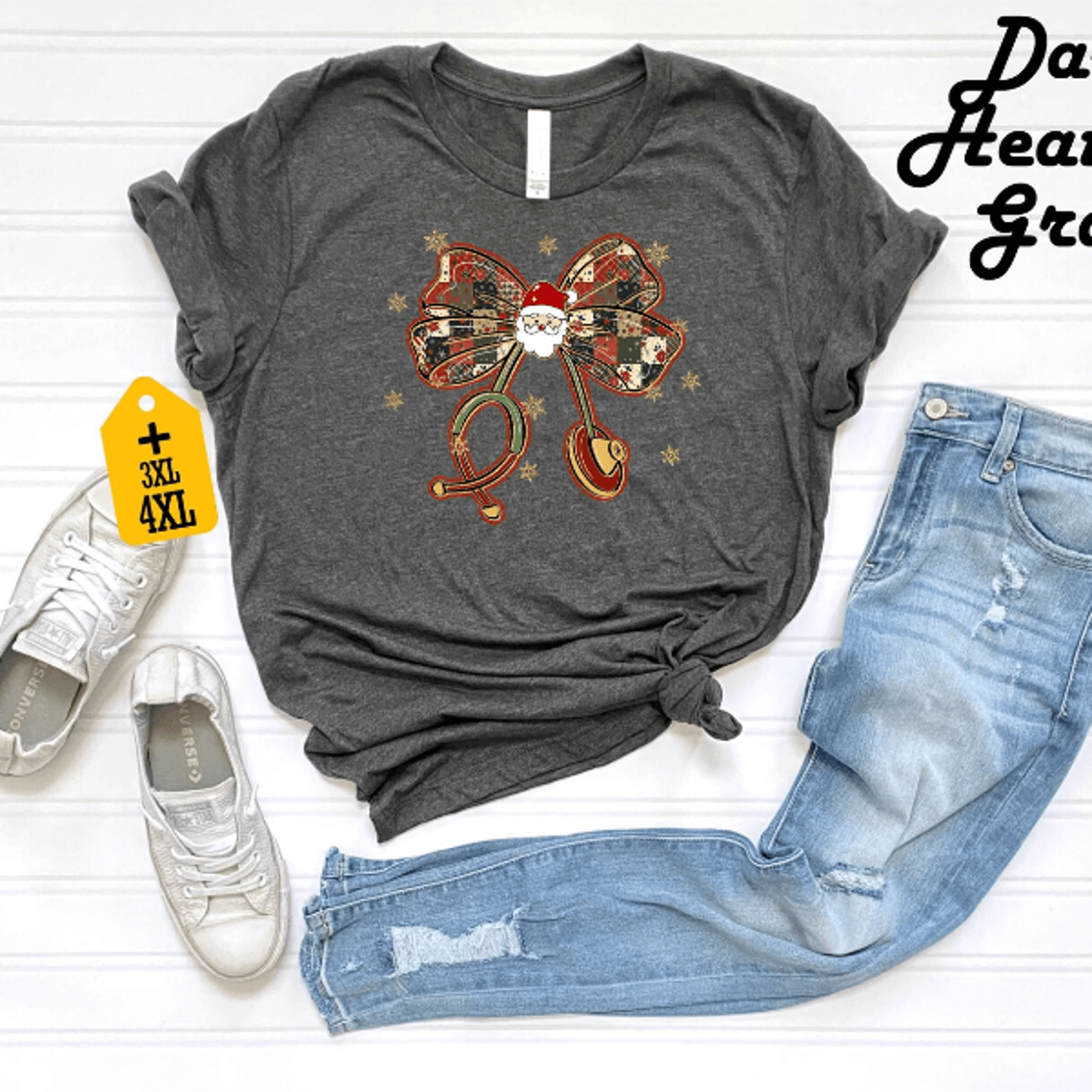 Santa Bow Christmas Shirt  Retro Plaid Holiday Bells Graphic Tee For Women 3