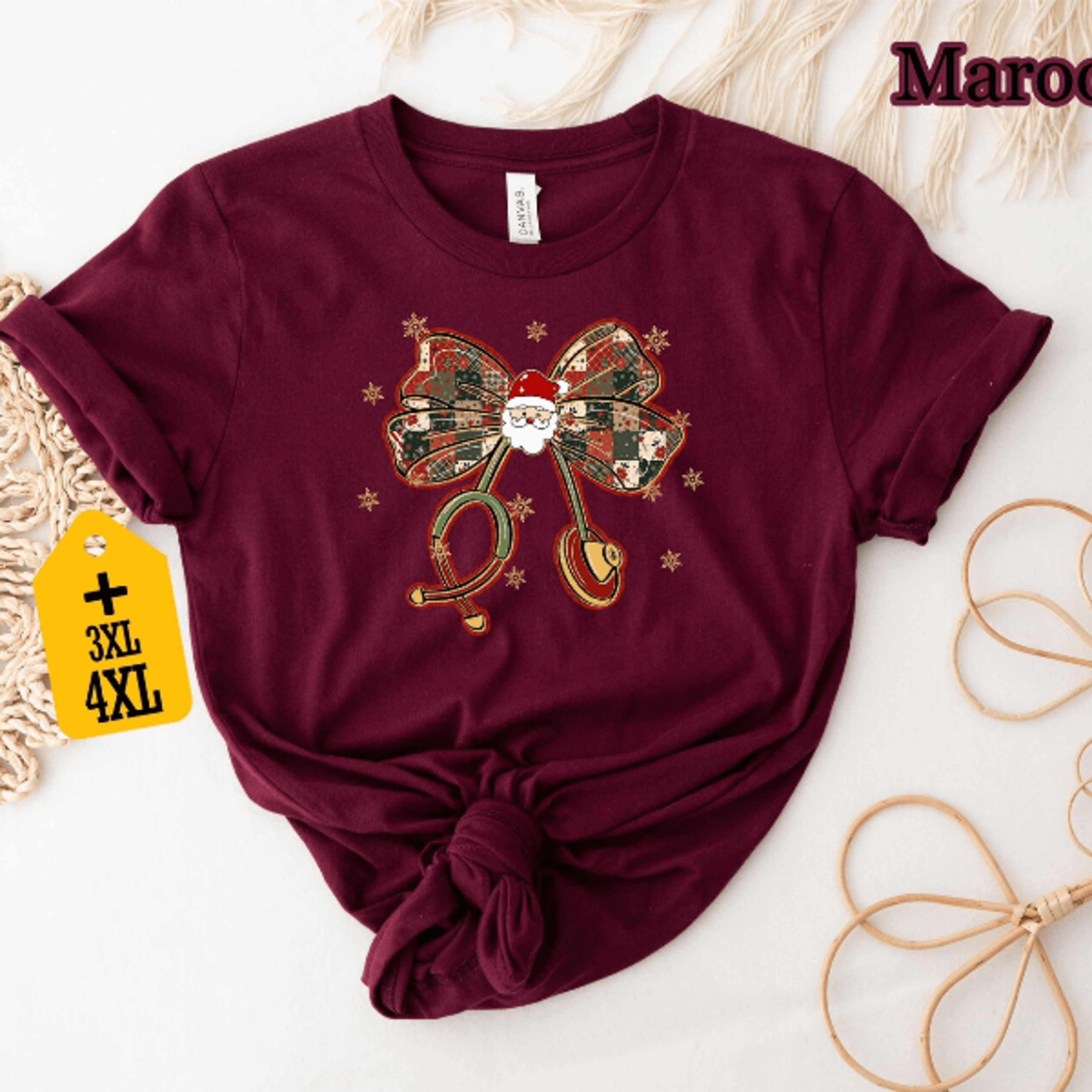 Santa Bow Christmas Shirt  Retro Plaid Holiday Bells Graphic Tee For Women 4