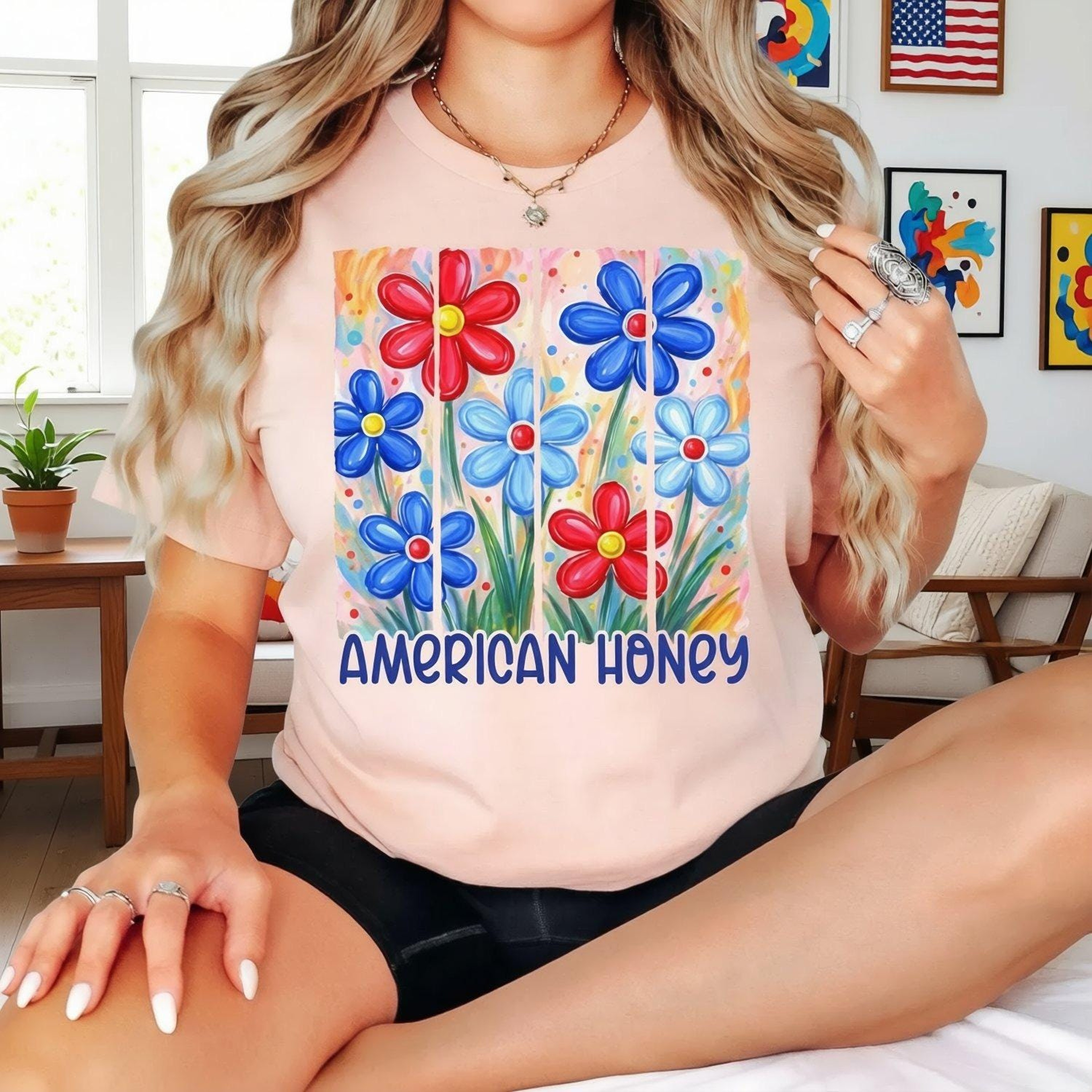 American Honey Shirt  Patriotic Floral Americana Summer Graphic Tee For Women 3