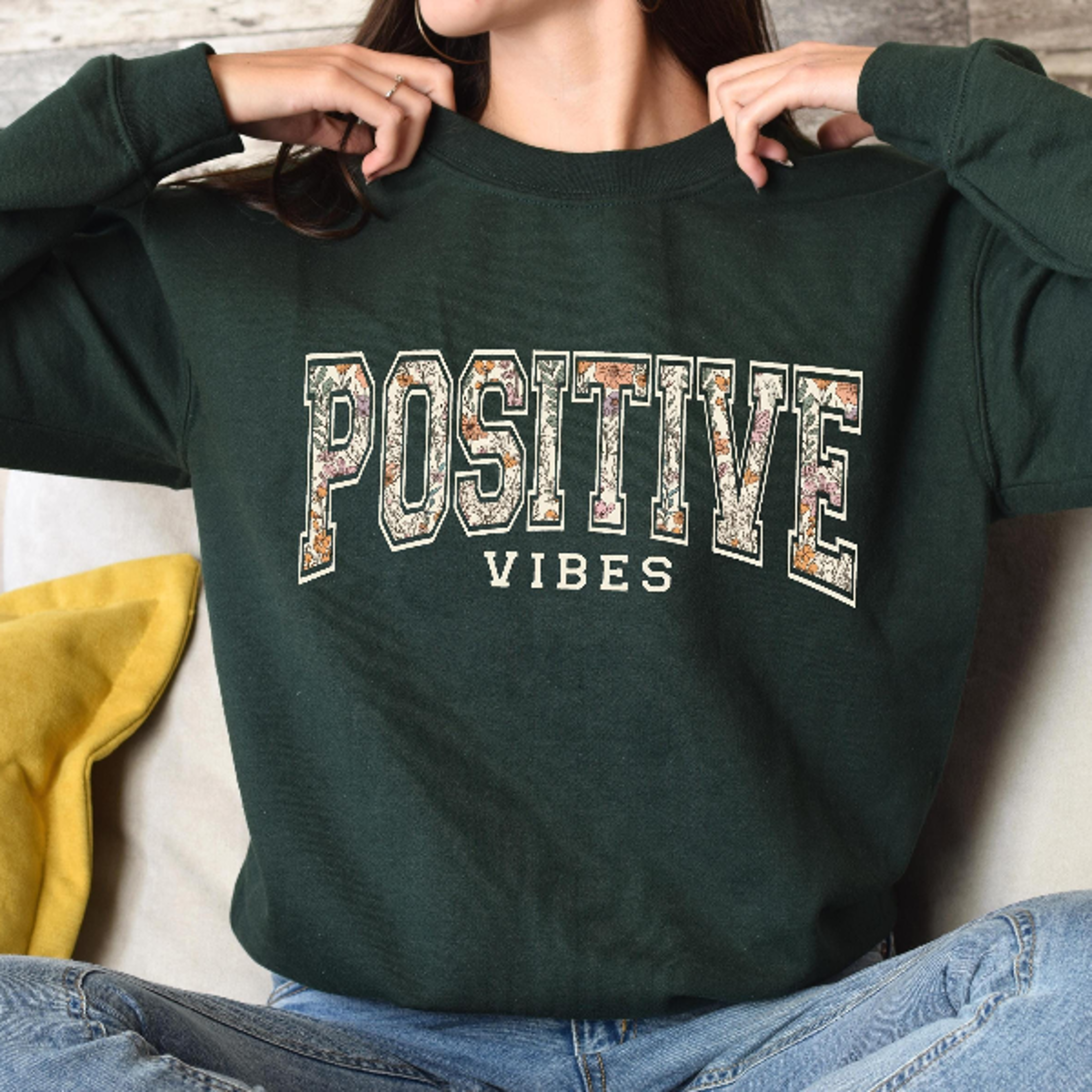 Positive Vibes Sweatshirt  Cozy Inspirational Floral Lettering Pullover For Women Self Love Quote C 