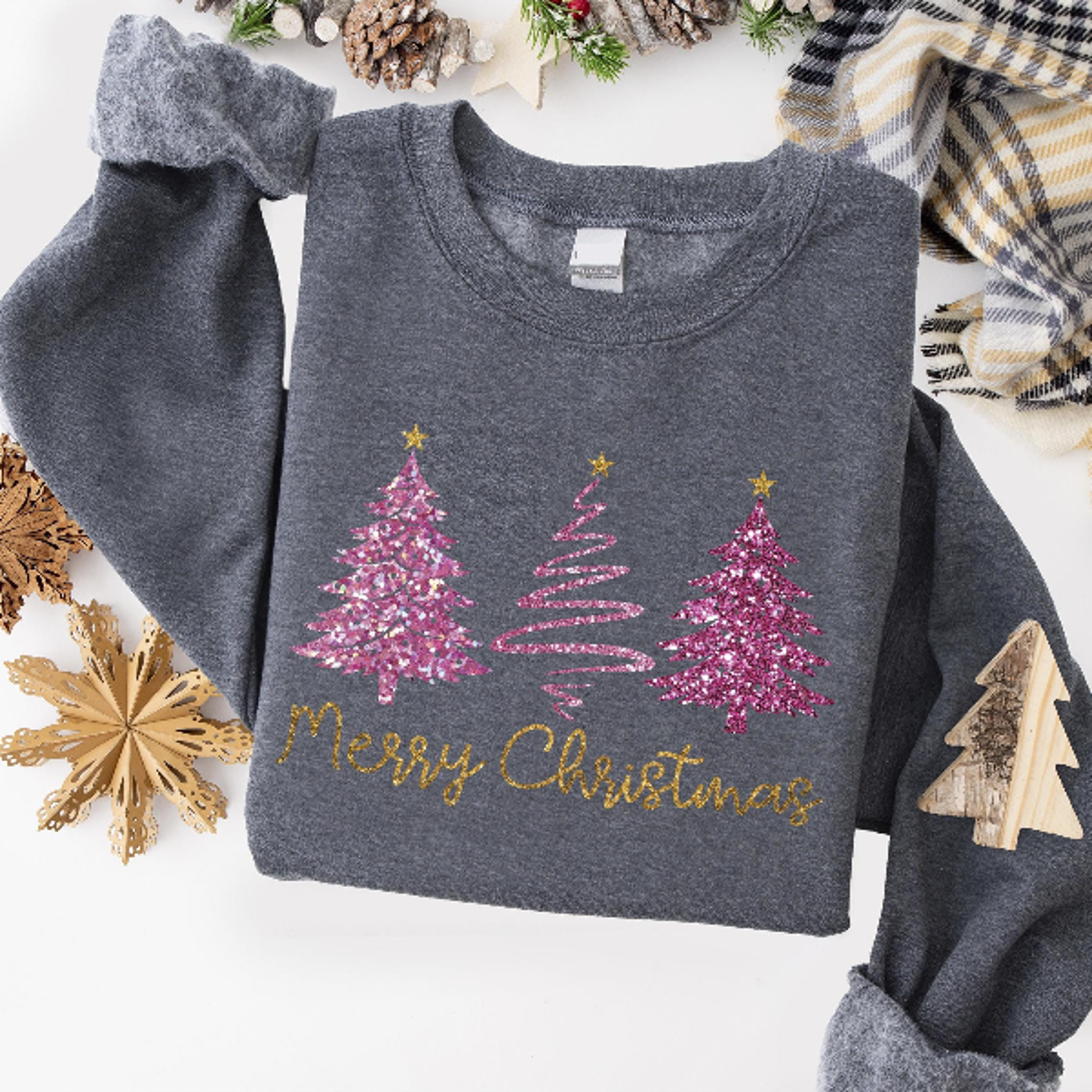 Faux Glitter Merry Christmas Tree Sweatshirt  Pink Sparkly Xmas Crewneck Women Aesthetic Holiday Pu 