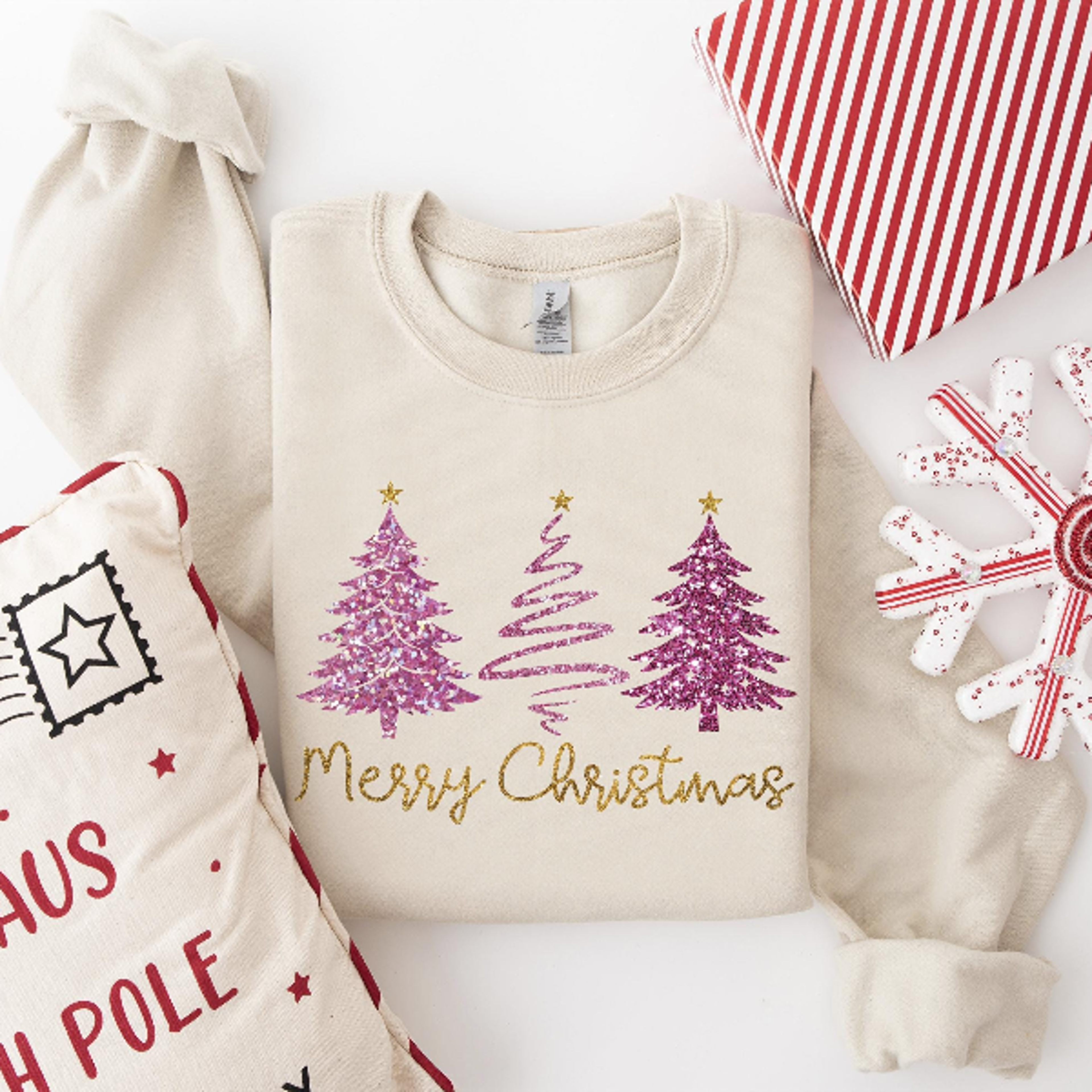 Faux Glitter Merry Christmas Tree Sweatshirt  Pink Sparkly Xmas Crewneck Women Aesthetic Holiday Pu 