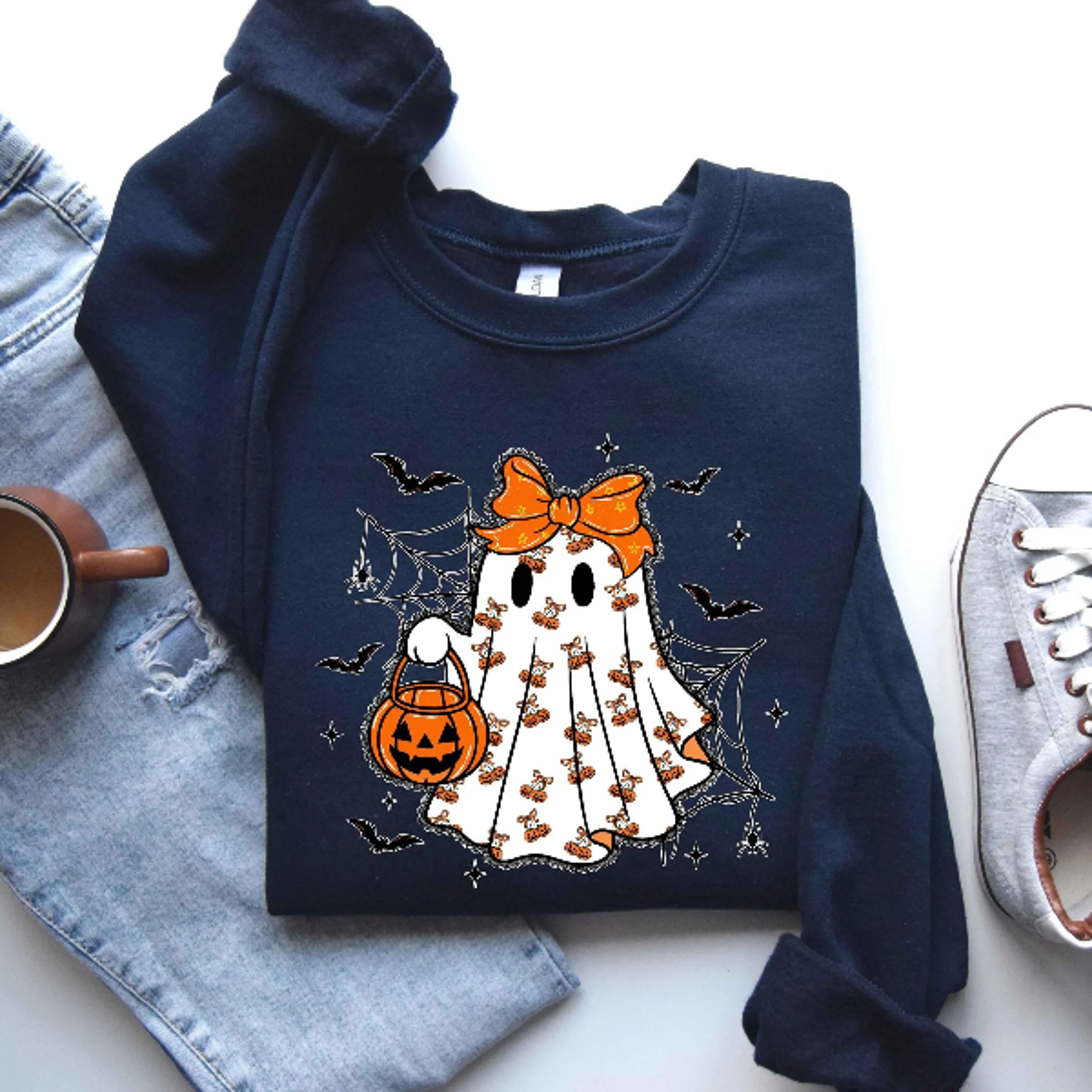 Halloween Ghost Sweatshirt Coquette Bow Cute Spooky Hoodie Tee 0