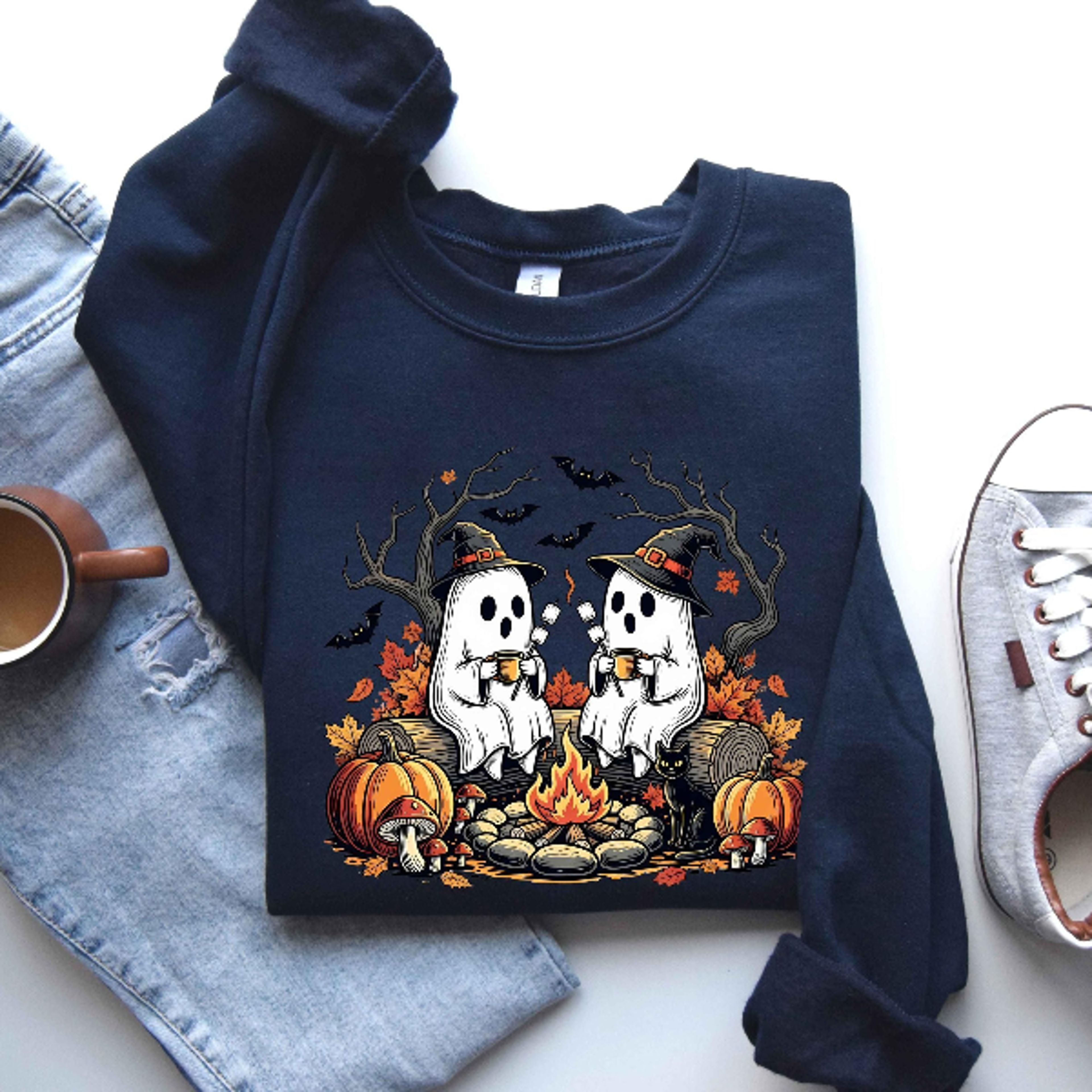 Cute Ghost Camping Sweatshirt Spooky Campfire Halloween Crewneck 0